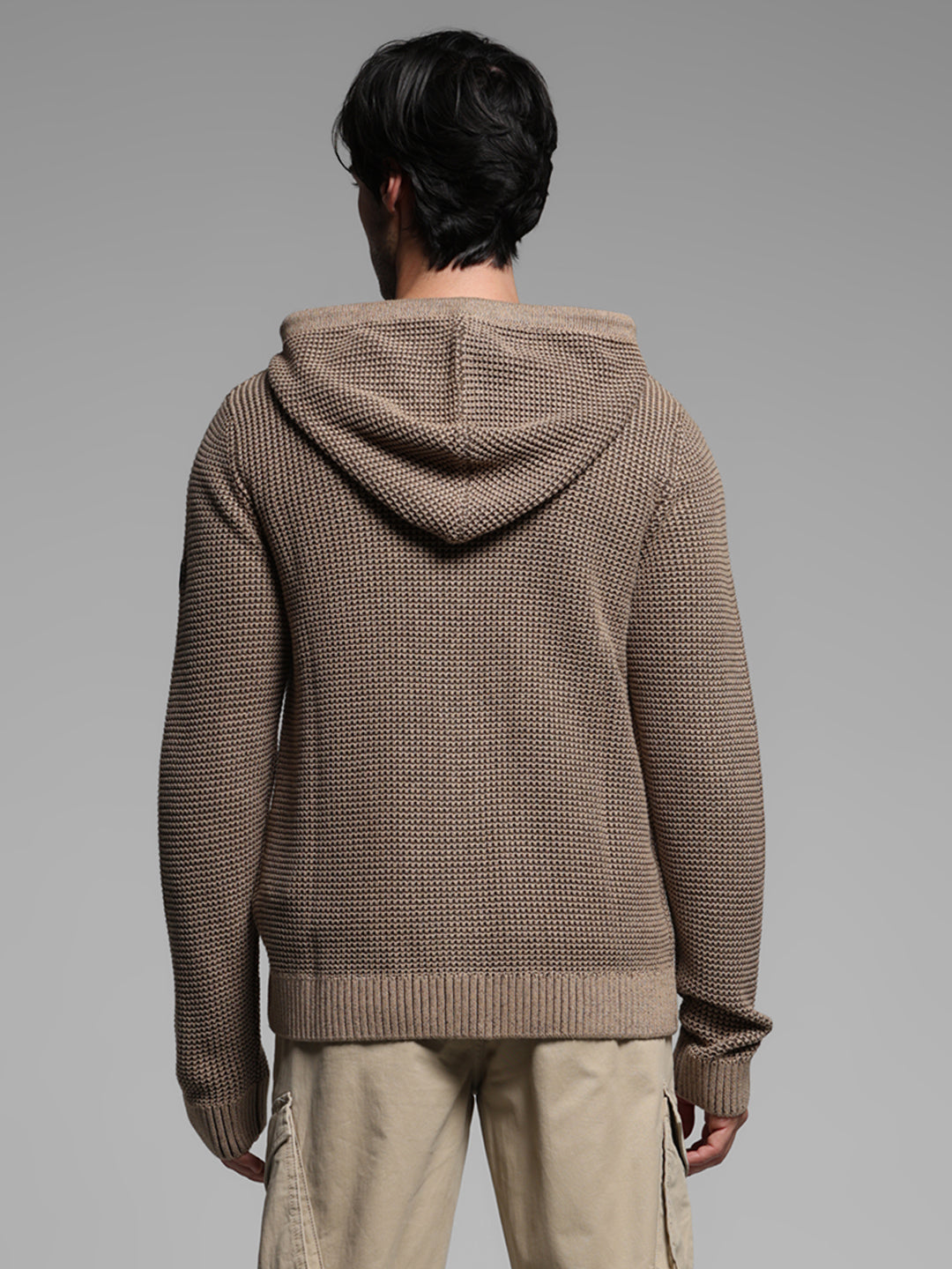 Beige Textured Knit Zip-Up Hoodie