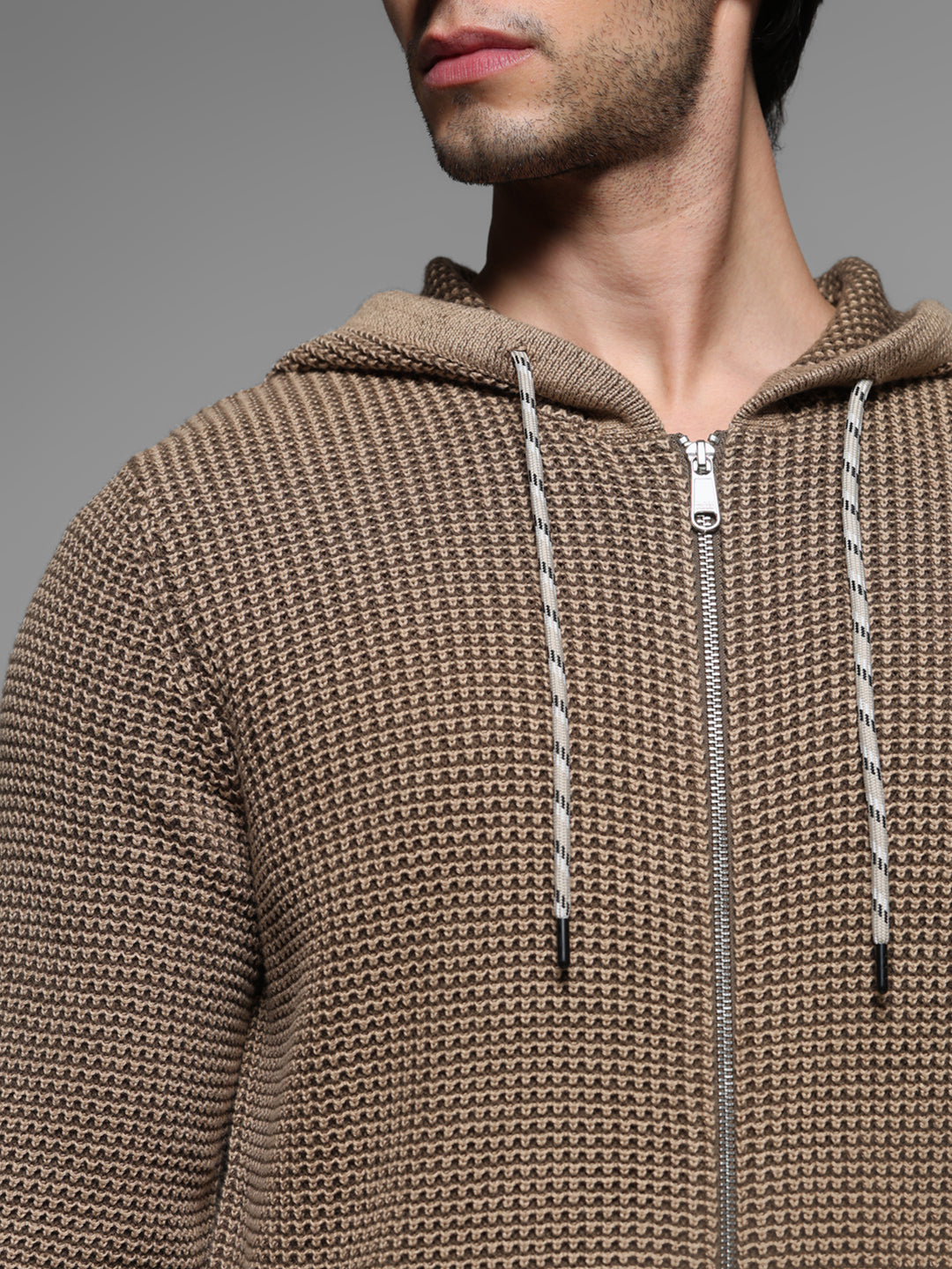 Beige Textured Knit Zip-Up Hoodie