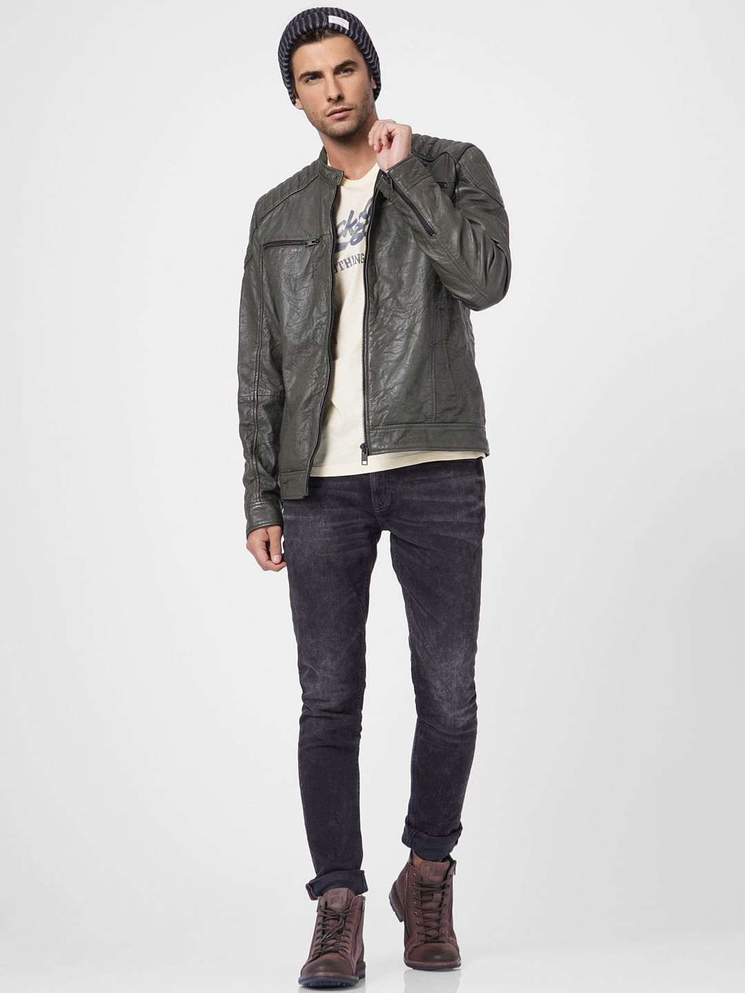 Olive Green Leather Jacket - S