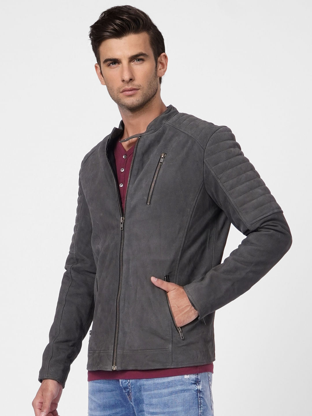 Grey Suede Leather Jacket