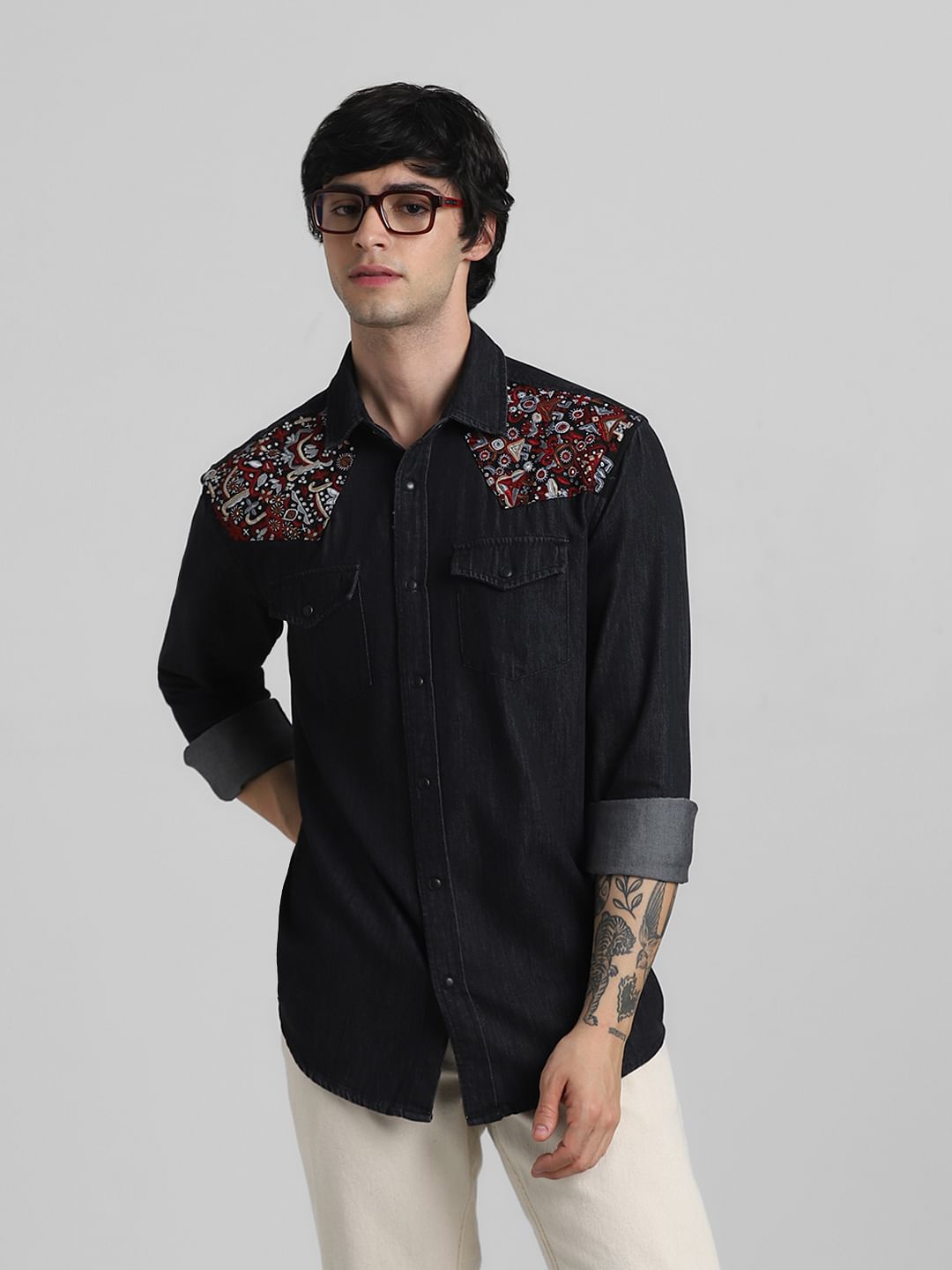 JACK&JONES X KUTCH BLACK EMBROIDERED PATCH DENIM SHIRT - S