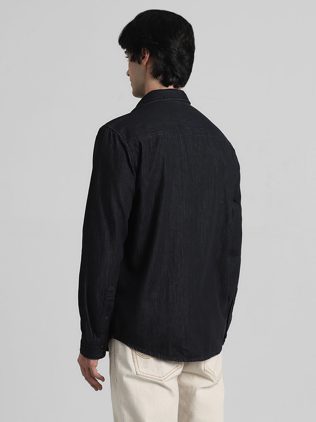 JACK&JONES X KUTCH BLACK EMBROIDERED PATCH DENIM SHIRT