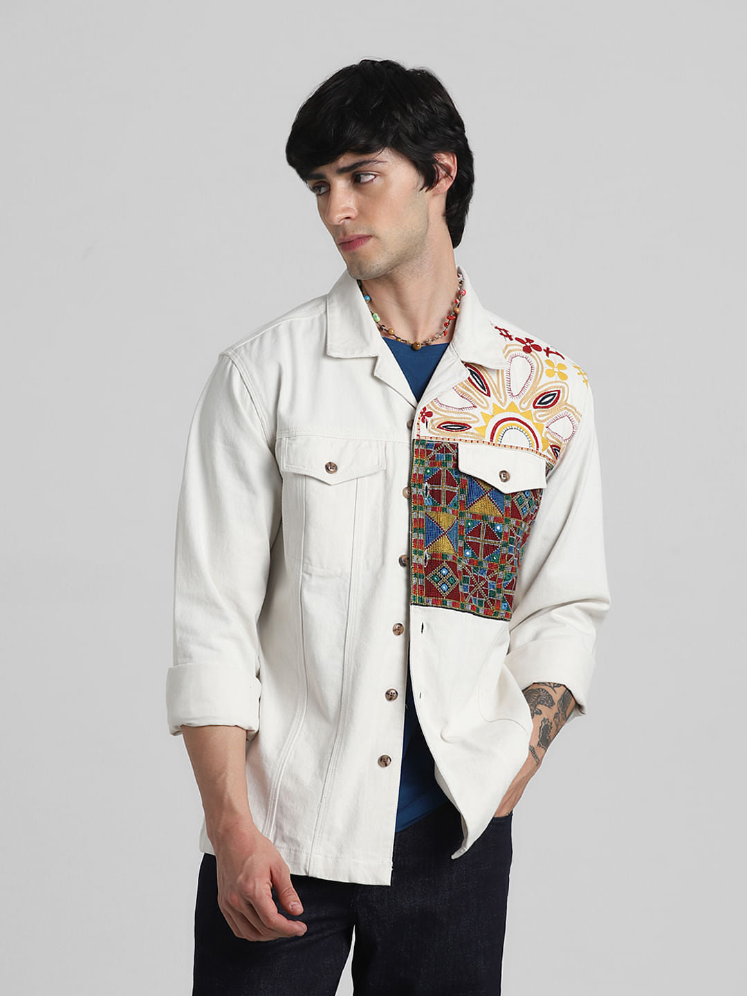 JACK&JONES X KUTCH WHITE ABSTRACT PRINT Oversized SHACKET - S