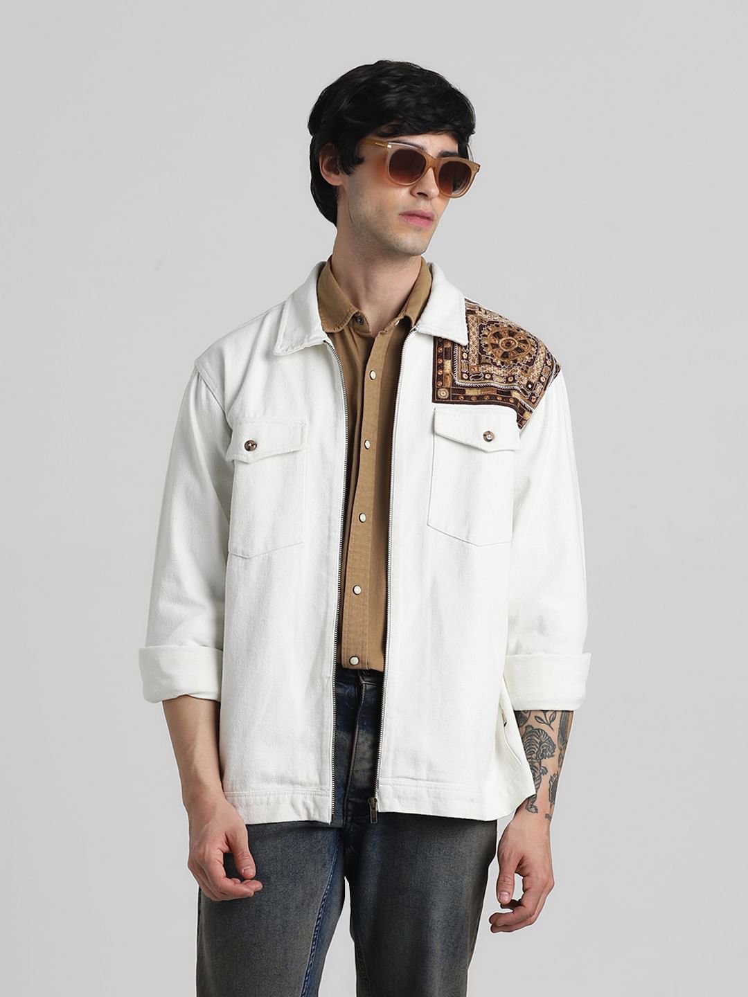 JACK&JONES X KUTCH WHITE EMBROIDERED DENIM Oversized SHACKET - S