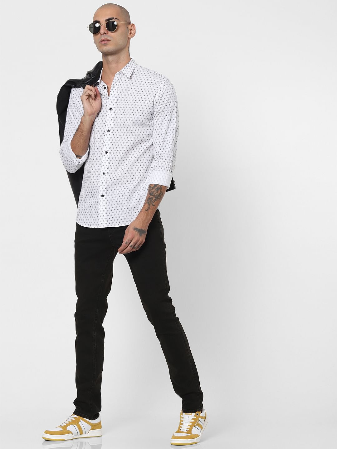 White Printed Full Sleeves Shirt - S