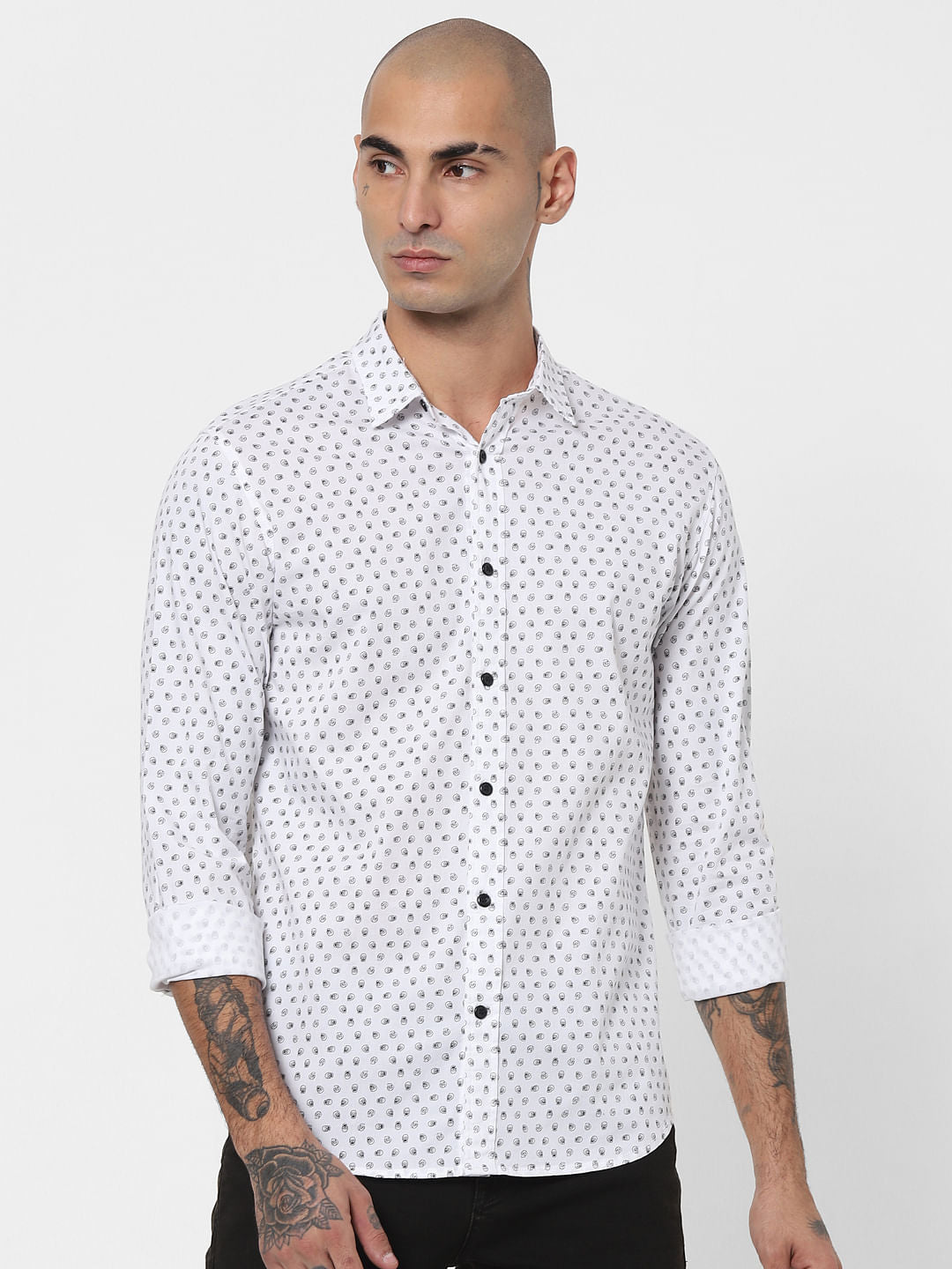 White Skull Print Full Sleeves Shirt