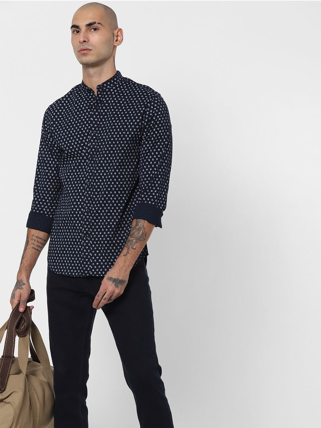 Blue Skull Print Mandarin Collar Shirt