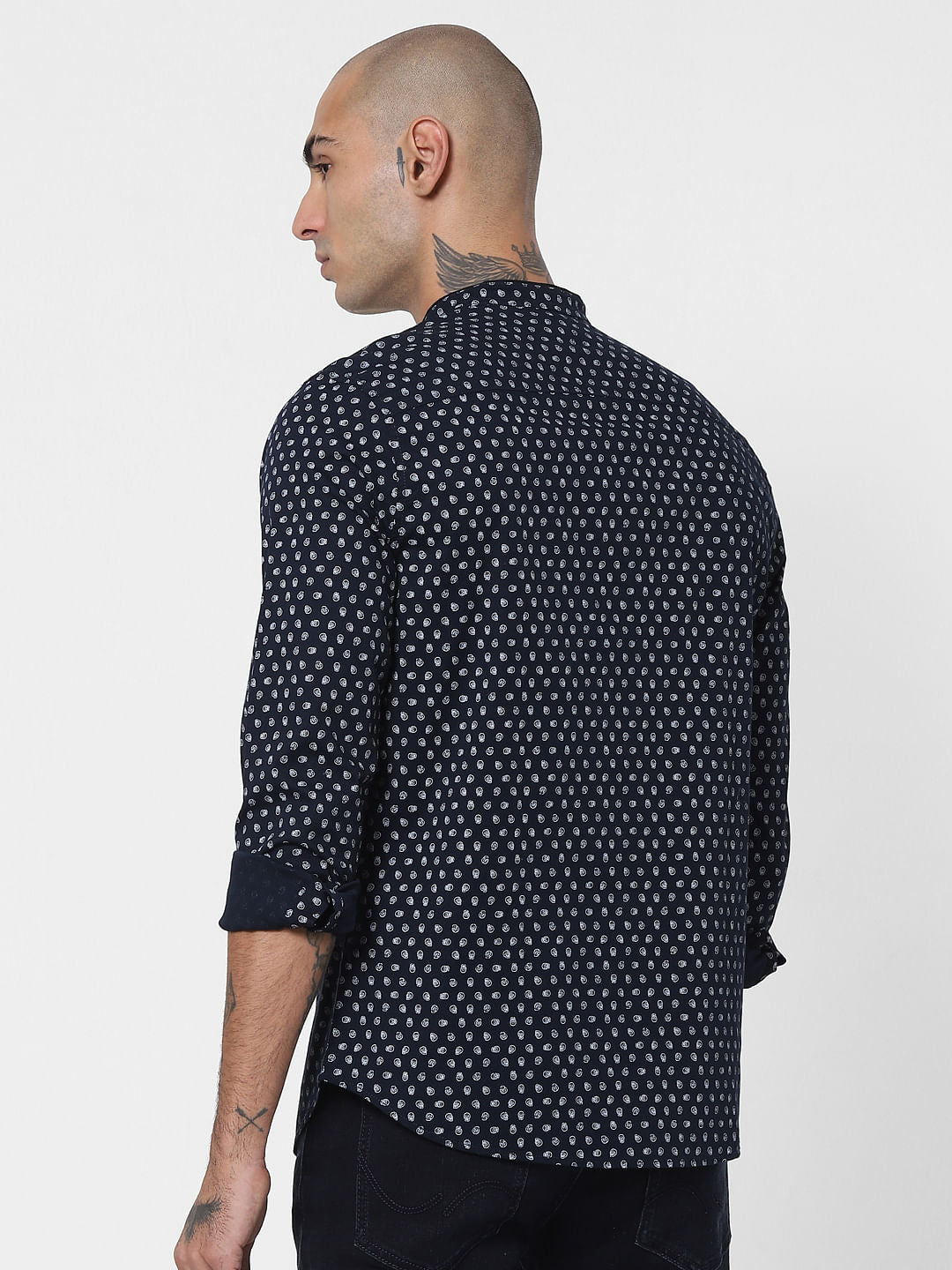 Blue Skull Print Mandarin Collar Shirt