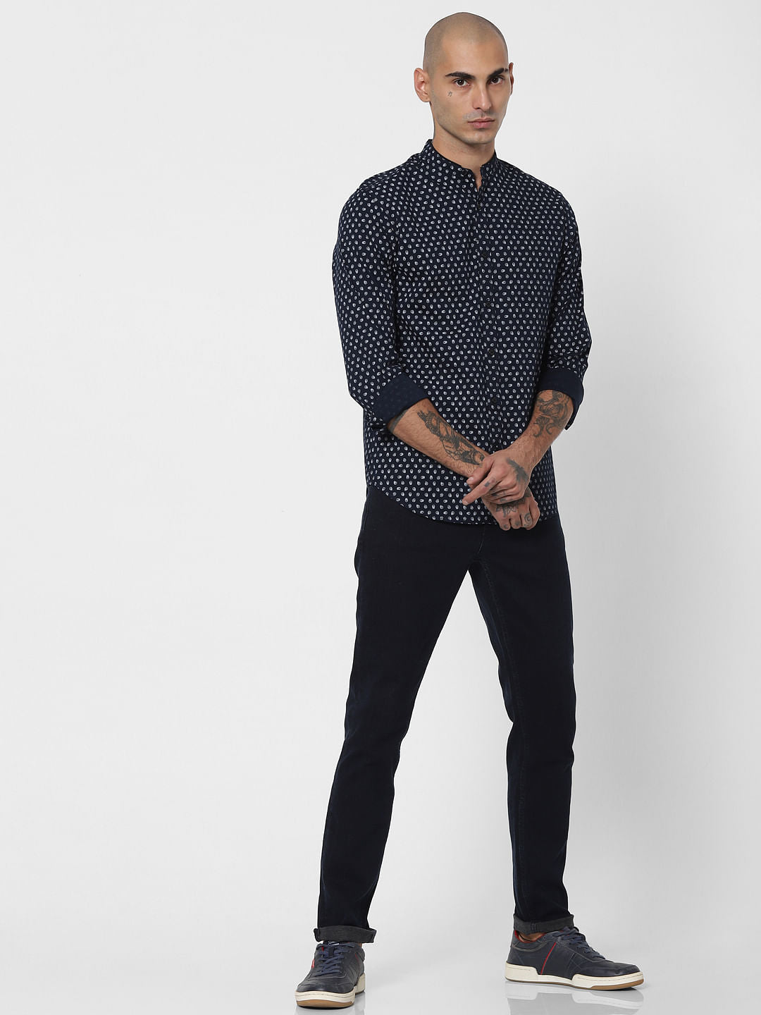 Blue Skull Print Mandarin Collar Shirt