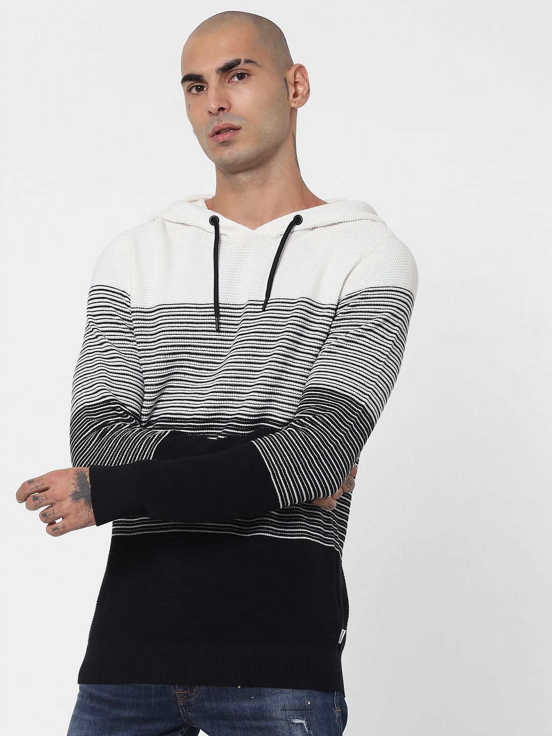 Black & White Striped Hooded Pullover