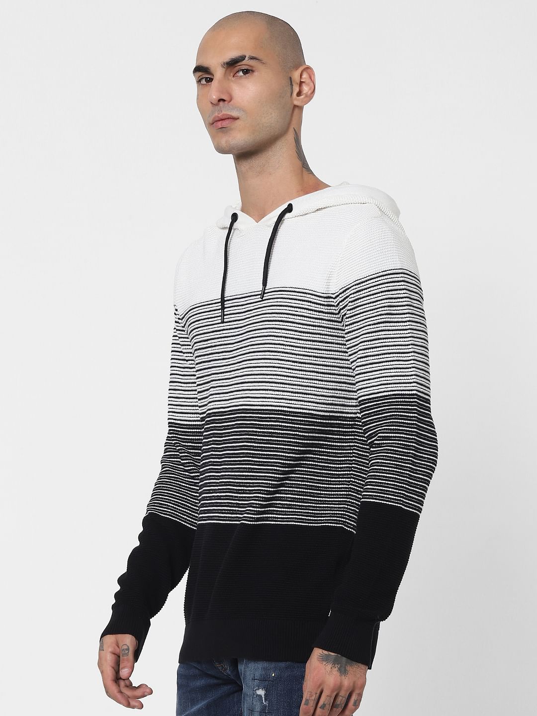 Black & White Striped Hooded Pullover