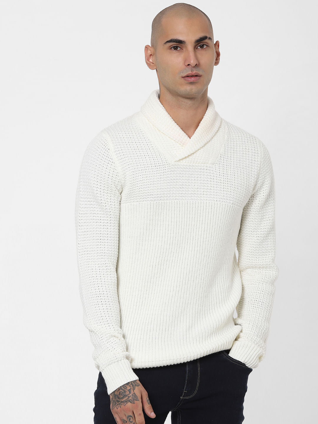 White Shawl Neck Pullover