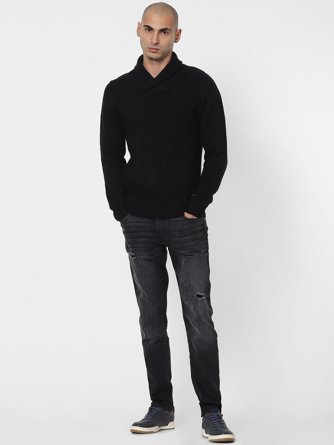 Black Shawl Neck Pullover - S