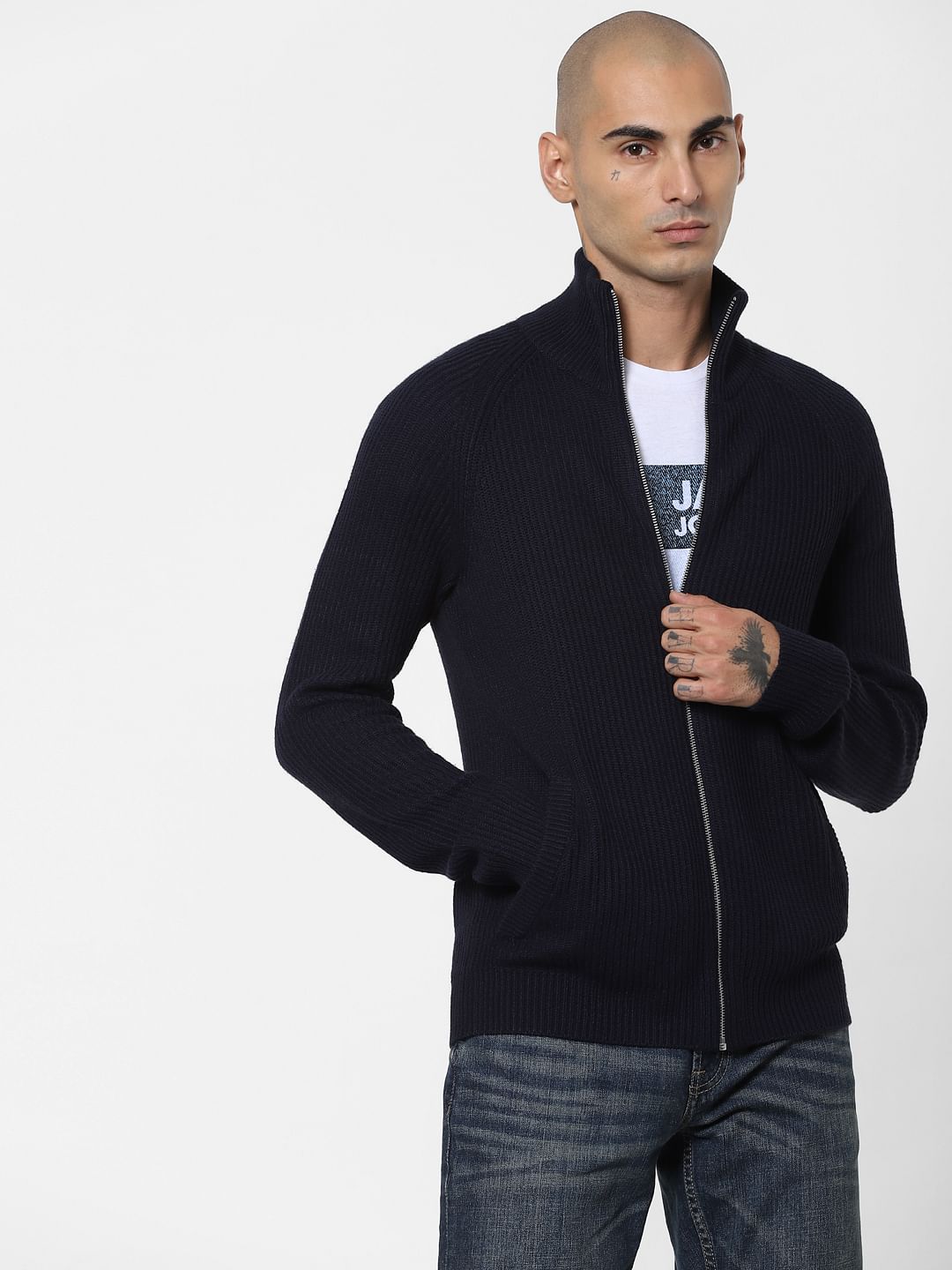 Navy Blue Turtleneck Zip Up Cardigan - S
