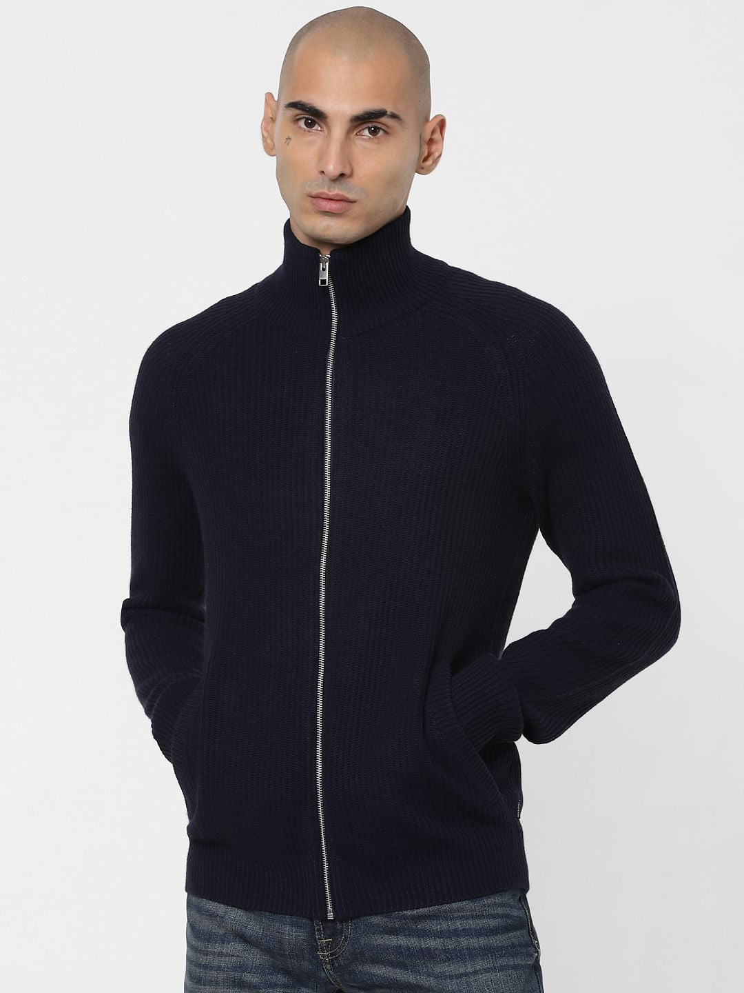 Navy Blue Turtleneck Zip Up Cardigan