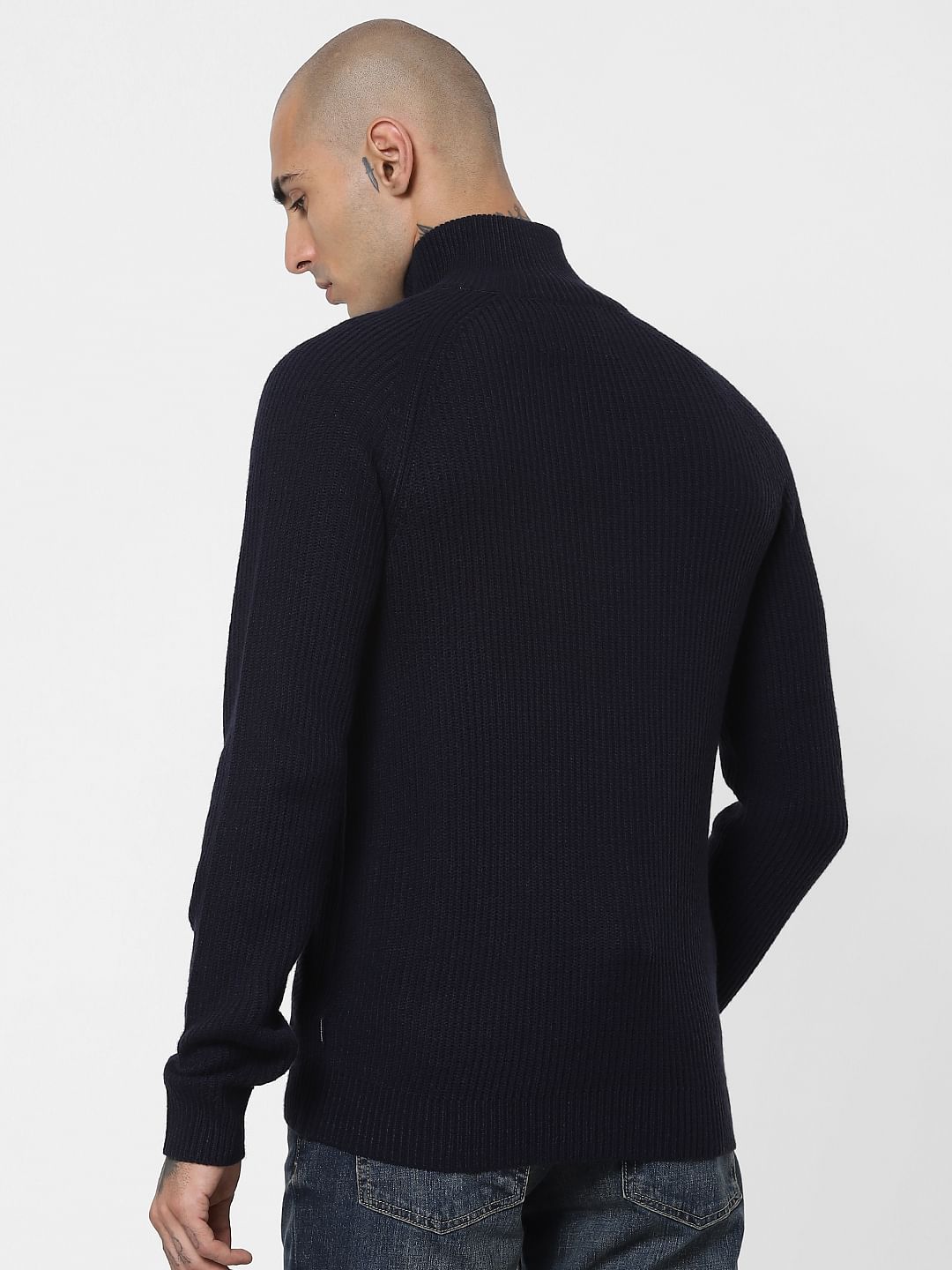 Navy Blue Turtleneck Zip Up Cardigan