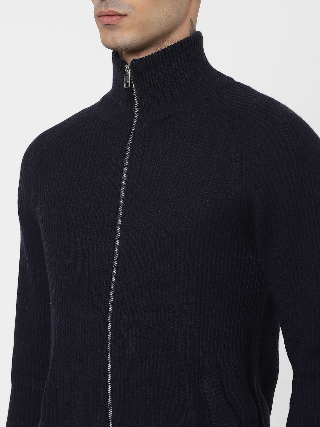 Navy Blue Turtleneck Zip Up Cardigan