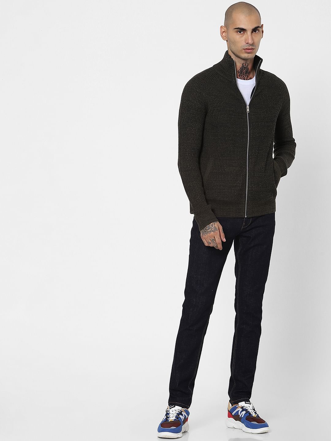 Dark Green Turtleneck Zip Up Cardigan - S