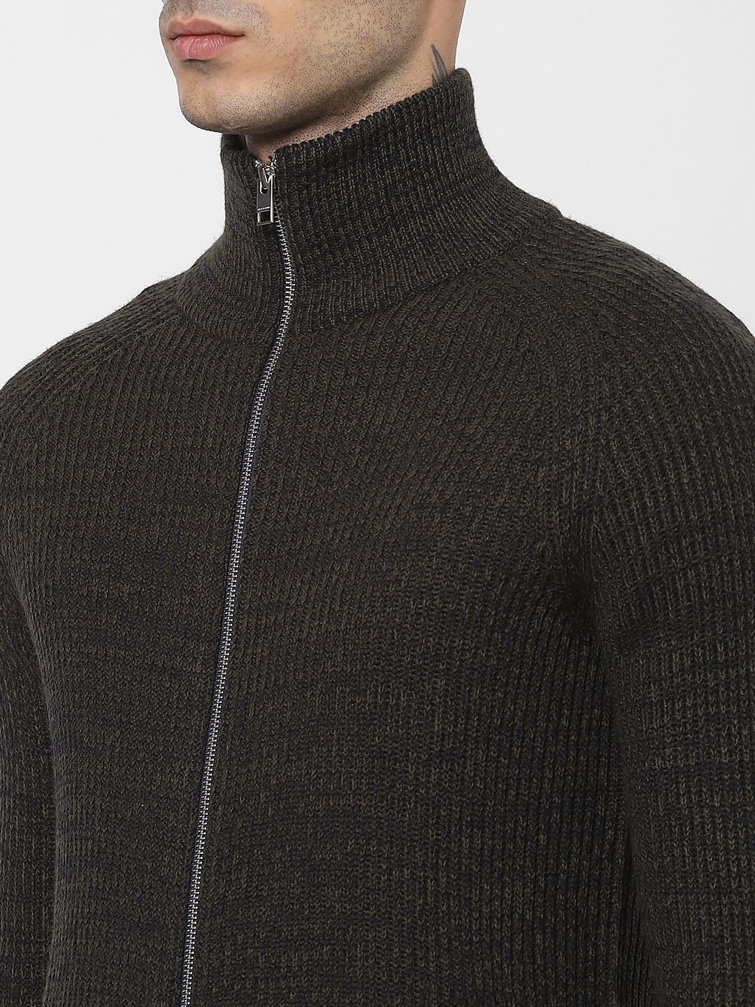 Dark Green Turtleneck Zip Up Cardigan