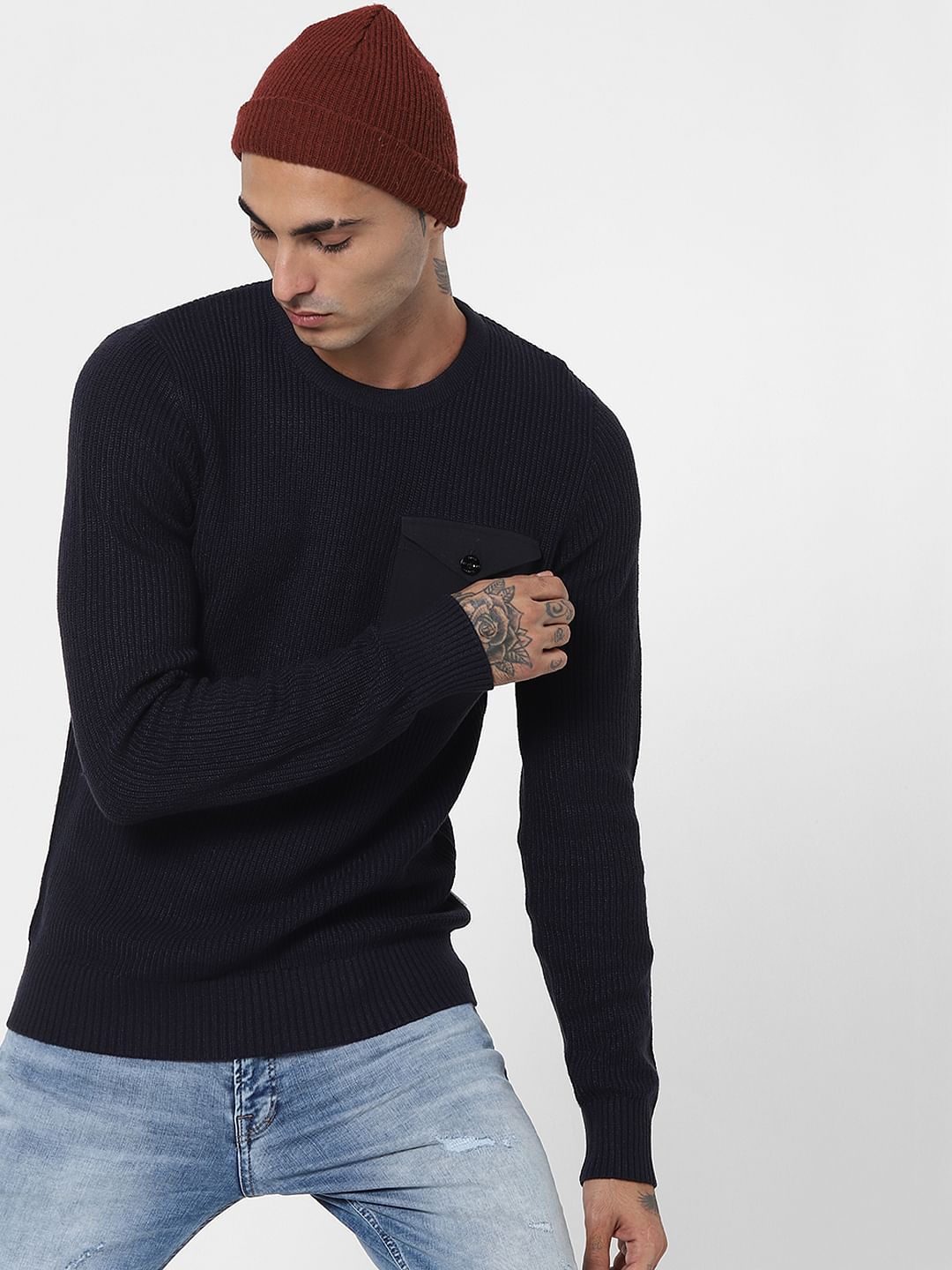 Dark Blue Patch Pocket Pullover