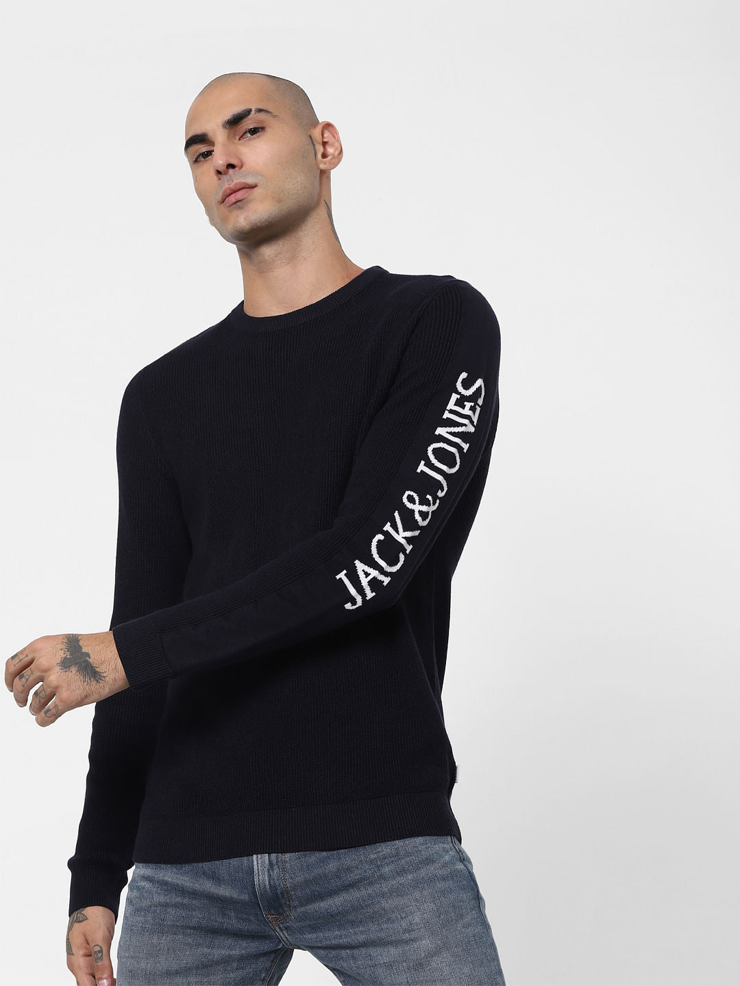 Blue Logo Printed Sleeves Pullover - S