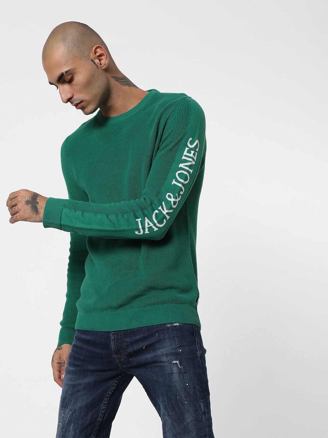 Green Logo Printed Sleeves Pullover - S