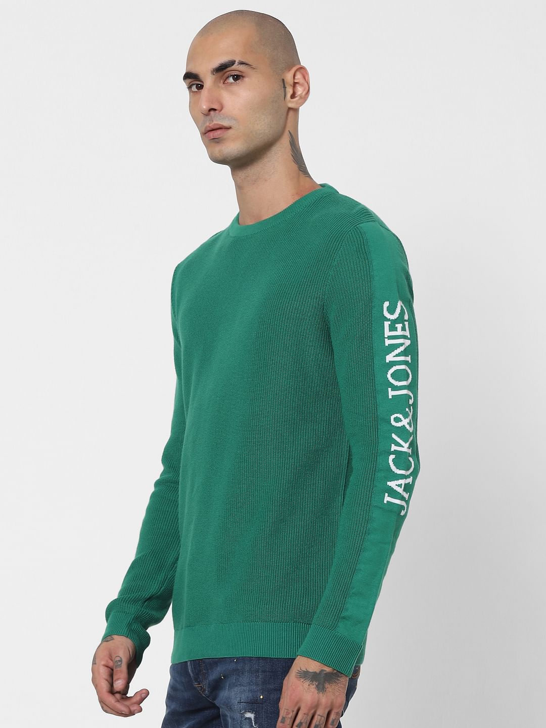 Green Logo Printed Sleeves Pullover