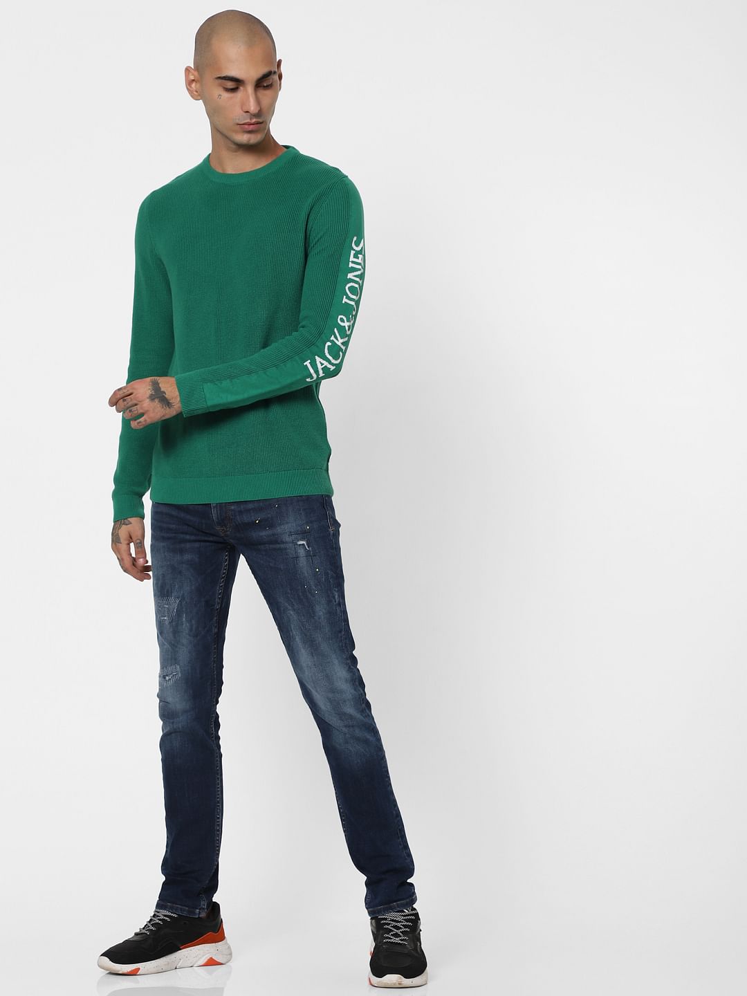 Green Logo Printed Sleeves Pullover