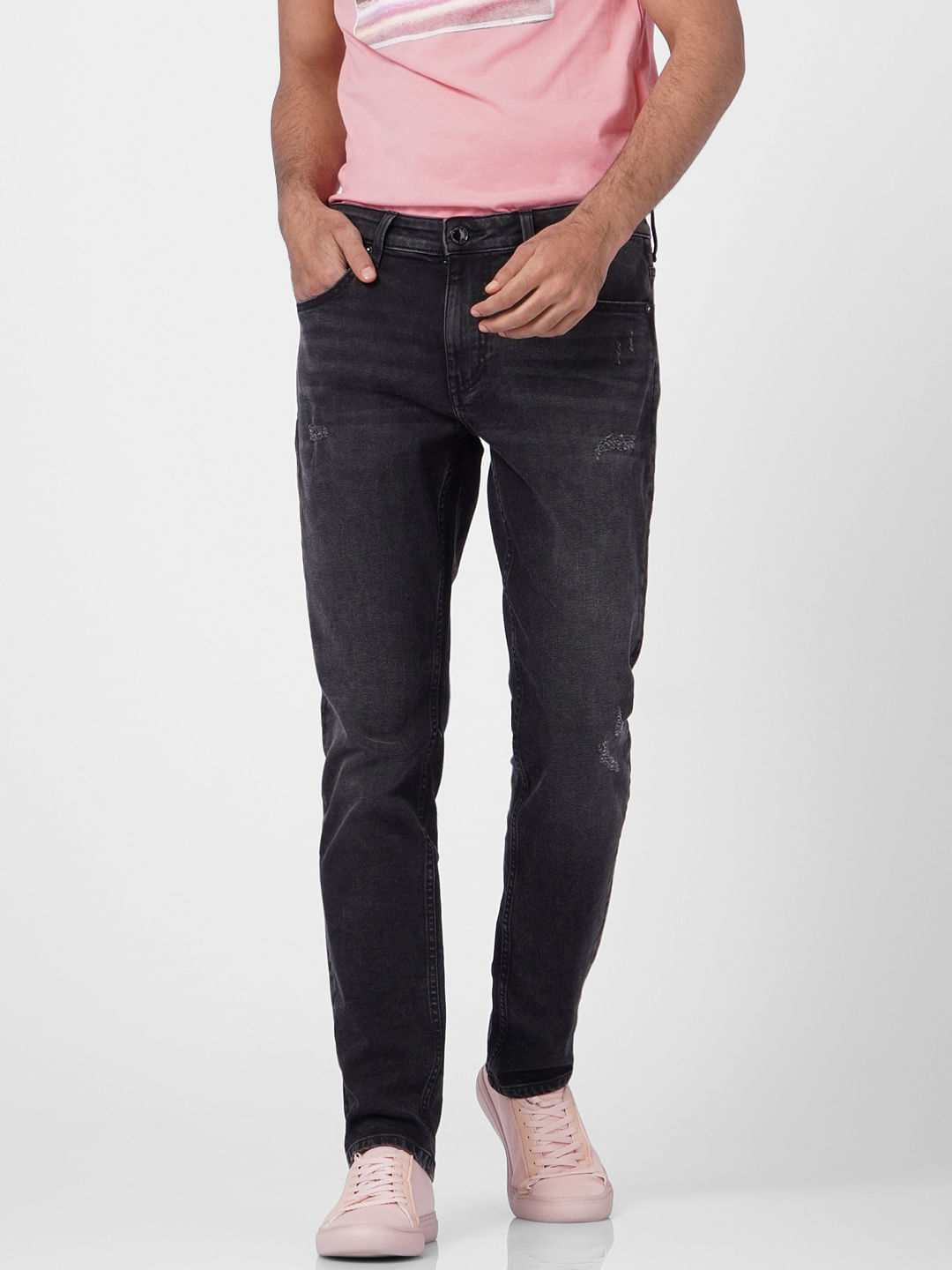Black Low Rise Distressed Glenn Slim Jeans