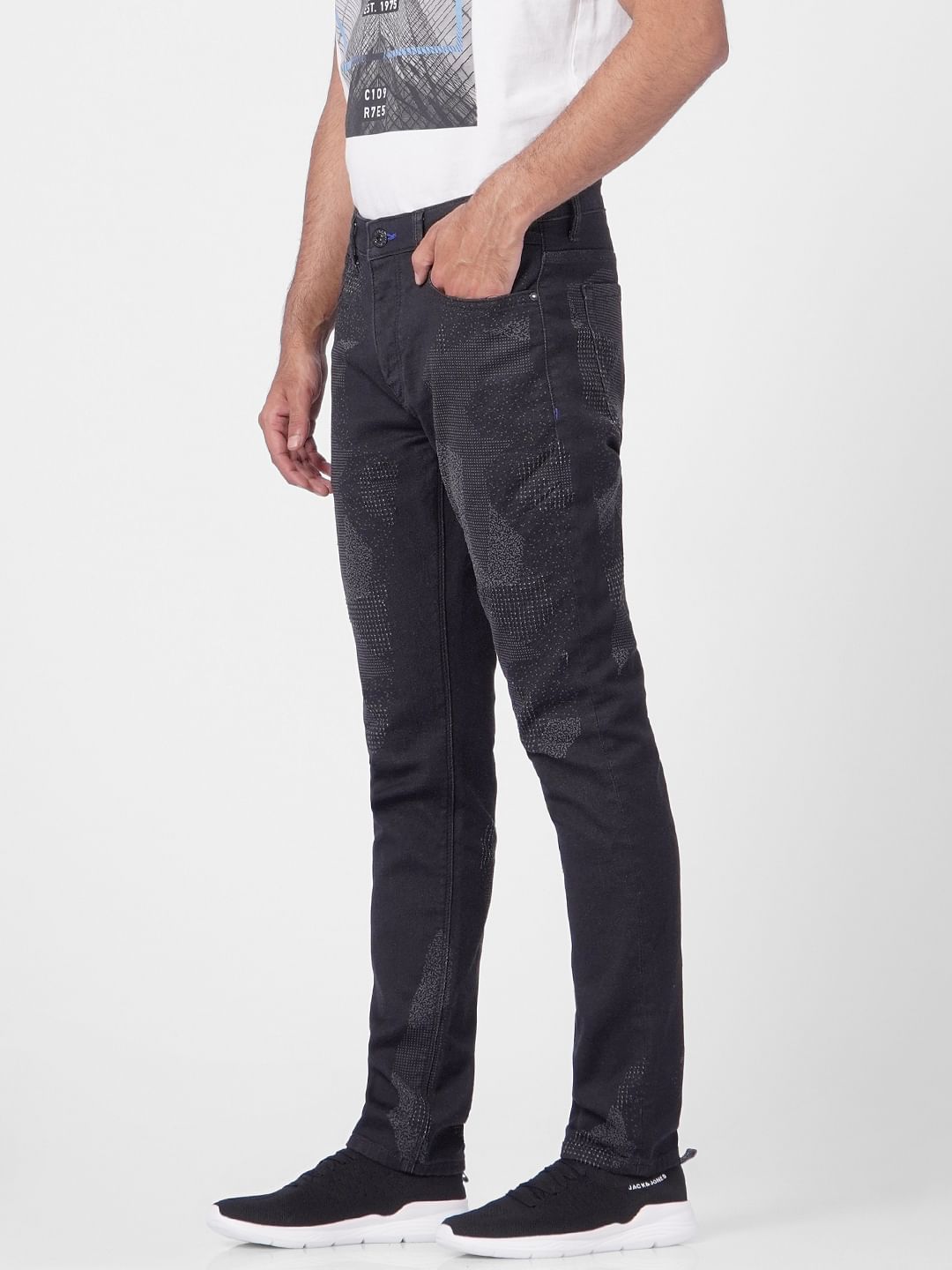 Black Low Rise Printed Glenn Slim Jeans