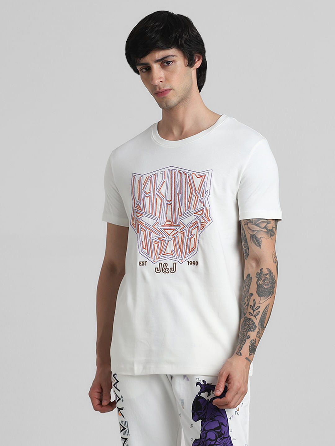 JACK&JONES X BLACK PANTHER White Printed Crew Neck T-shirt