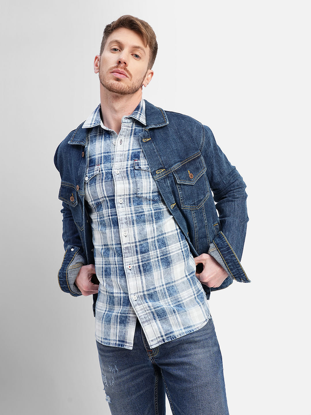 White & Blue Check Print Full Sleeves Shirt - S