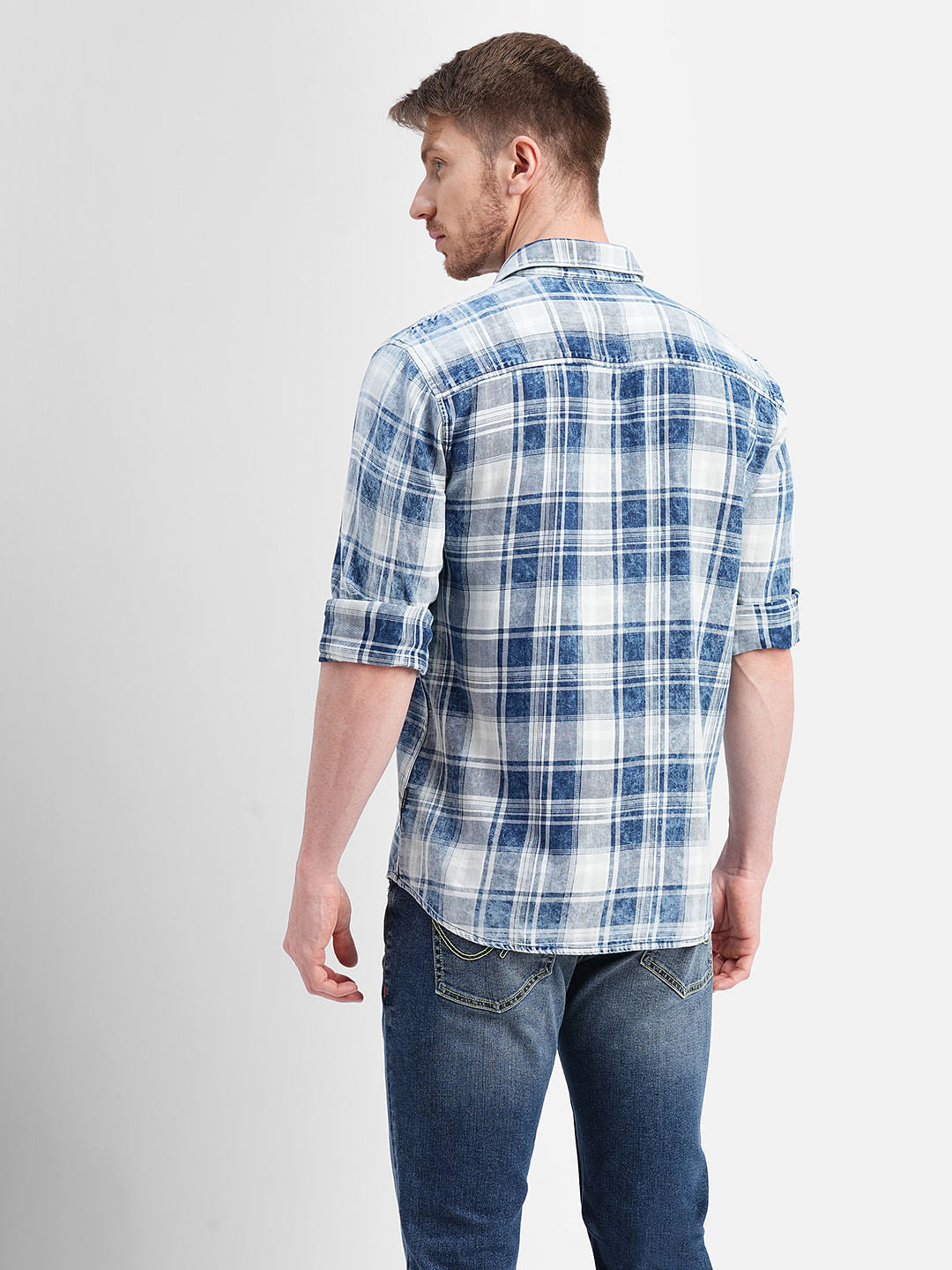 White & Blue Check Print Full Sleeves Shirt