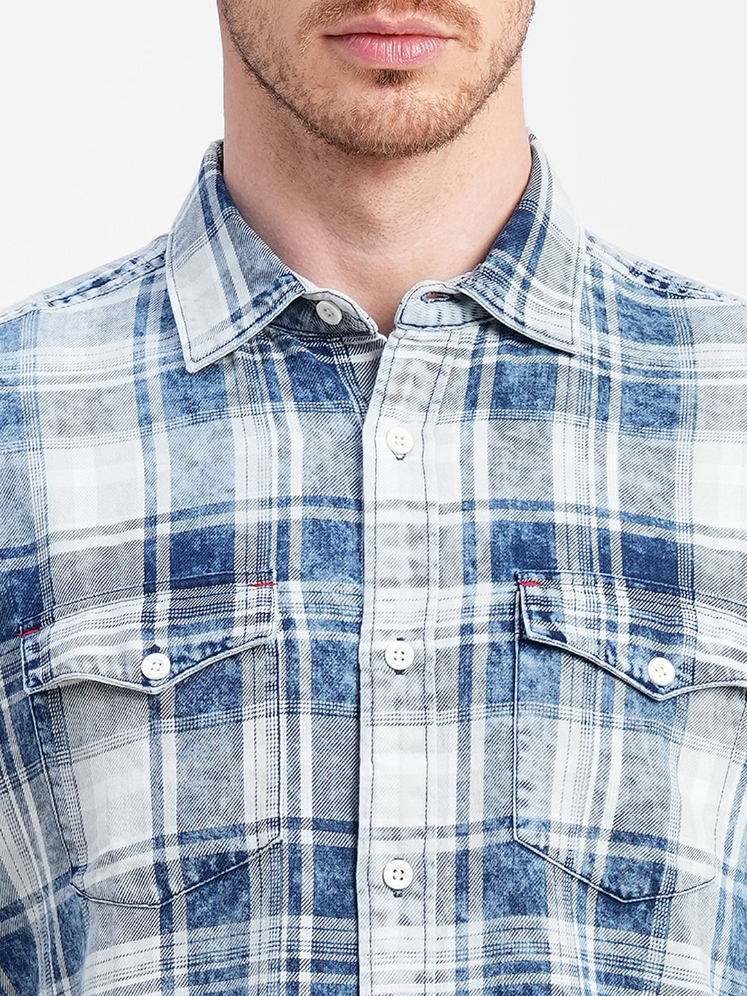 White & Blue Check Print Full Sleeves Shirt