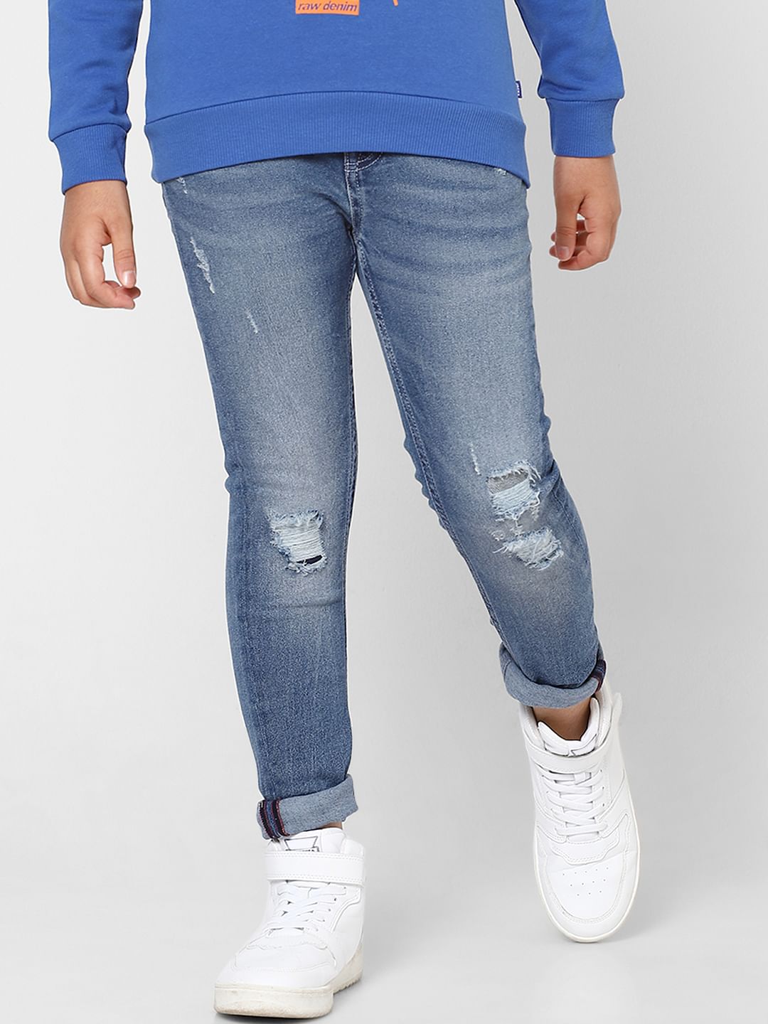 Boys Light Blue Mid Rise Ripped Slim Jeans