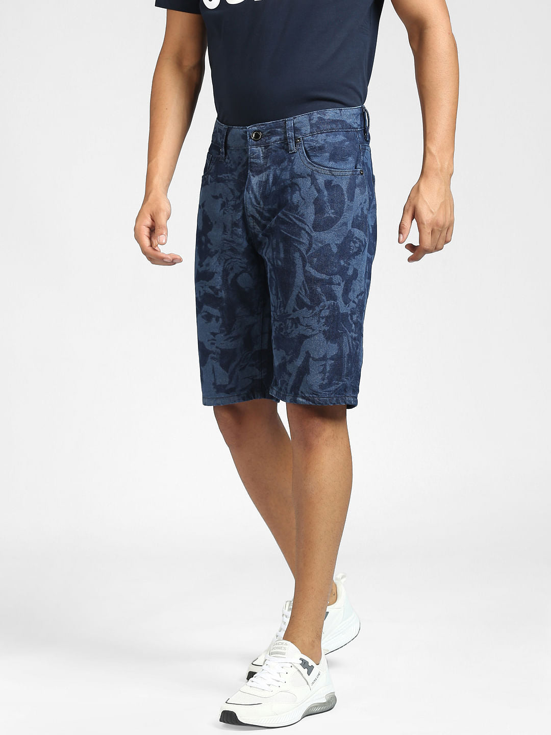 Blue Low Rise Printed Denim Shorts