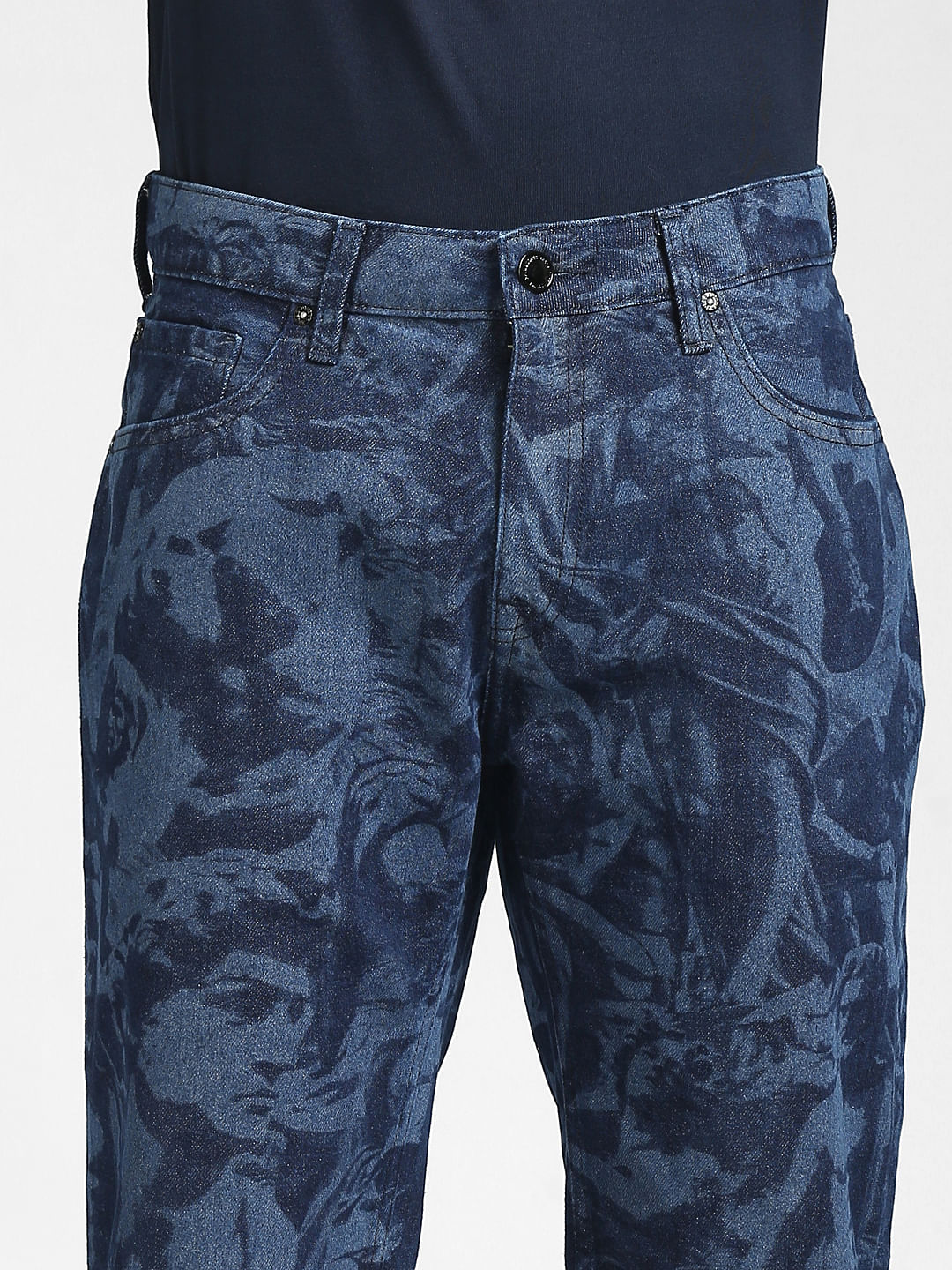 Blue Low Rise Printed Denim Shorts