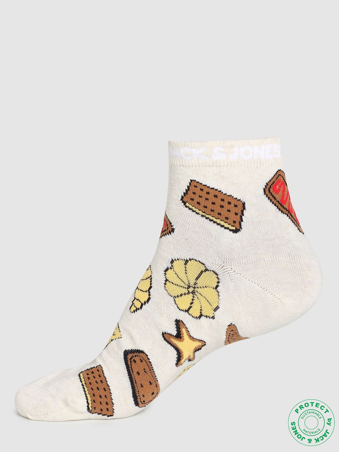Beige Graphic Print Ankle Socks - ONE