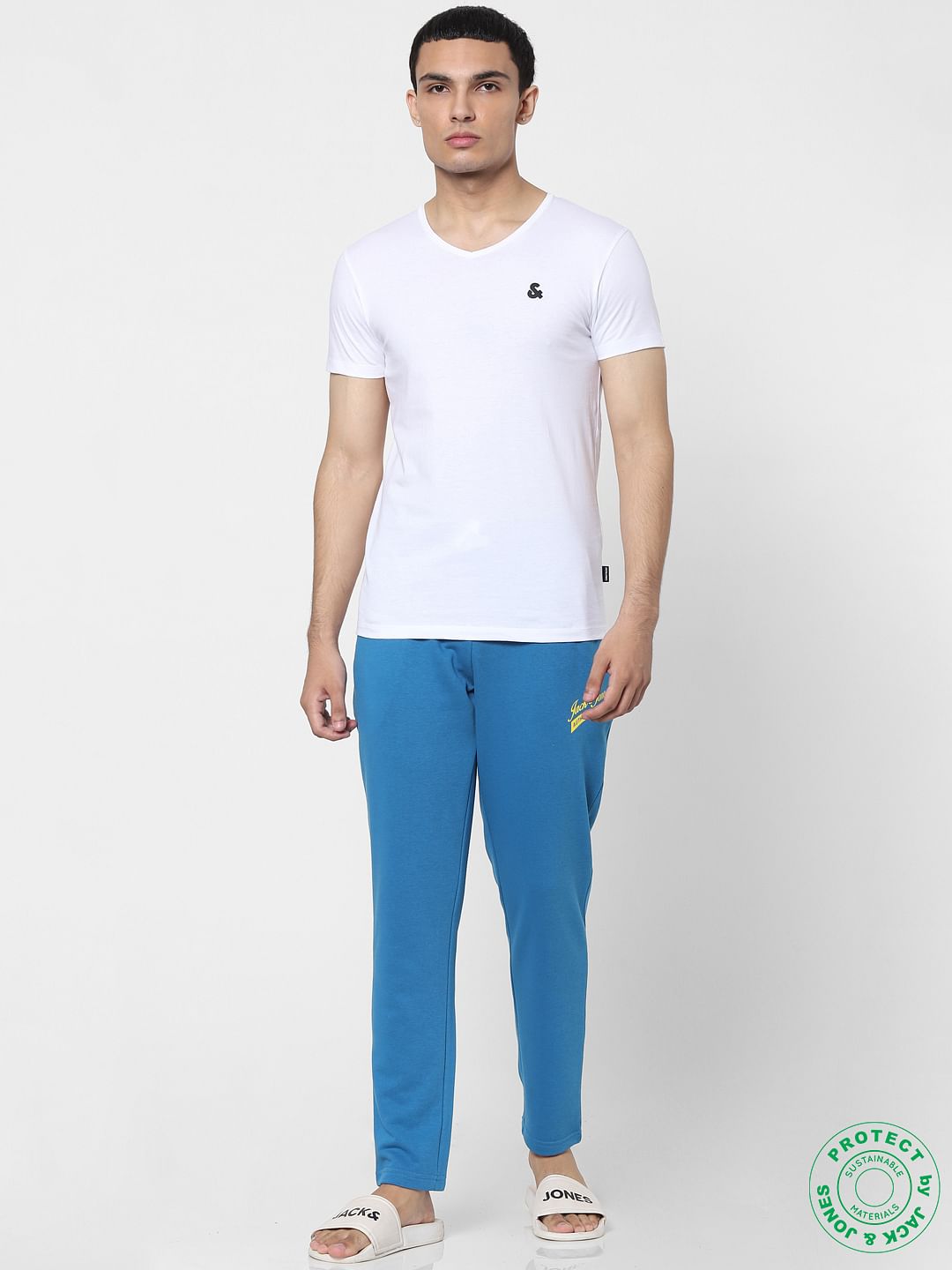 White & Blue V Neck T-shirts - Pack of 2