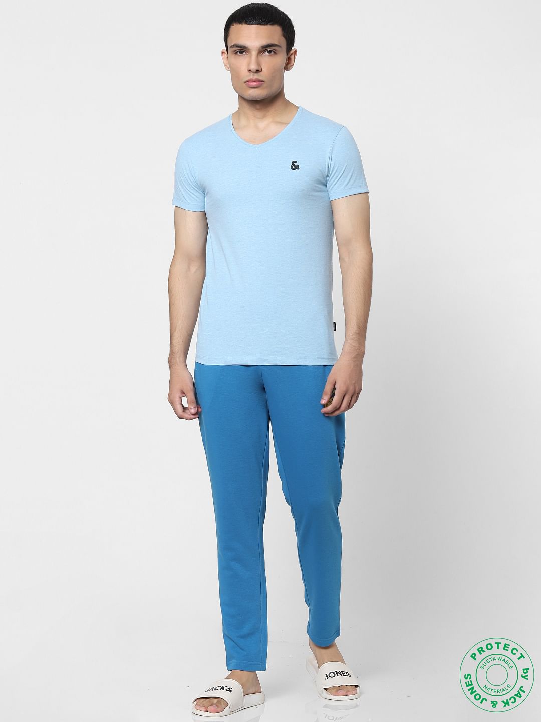 White & Blue V Neck T-shirts - Pack of 2