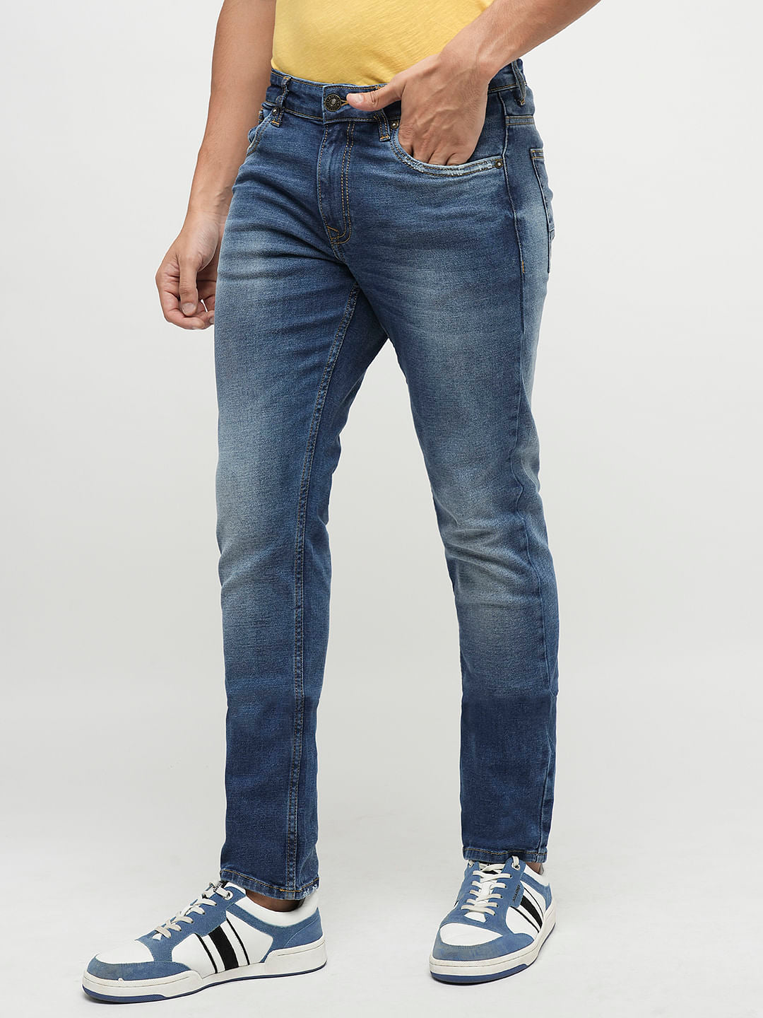 PRODUKT by JACK&JONES Blue Mid Rise Washed Slim Fit Jeans