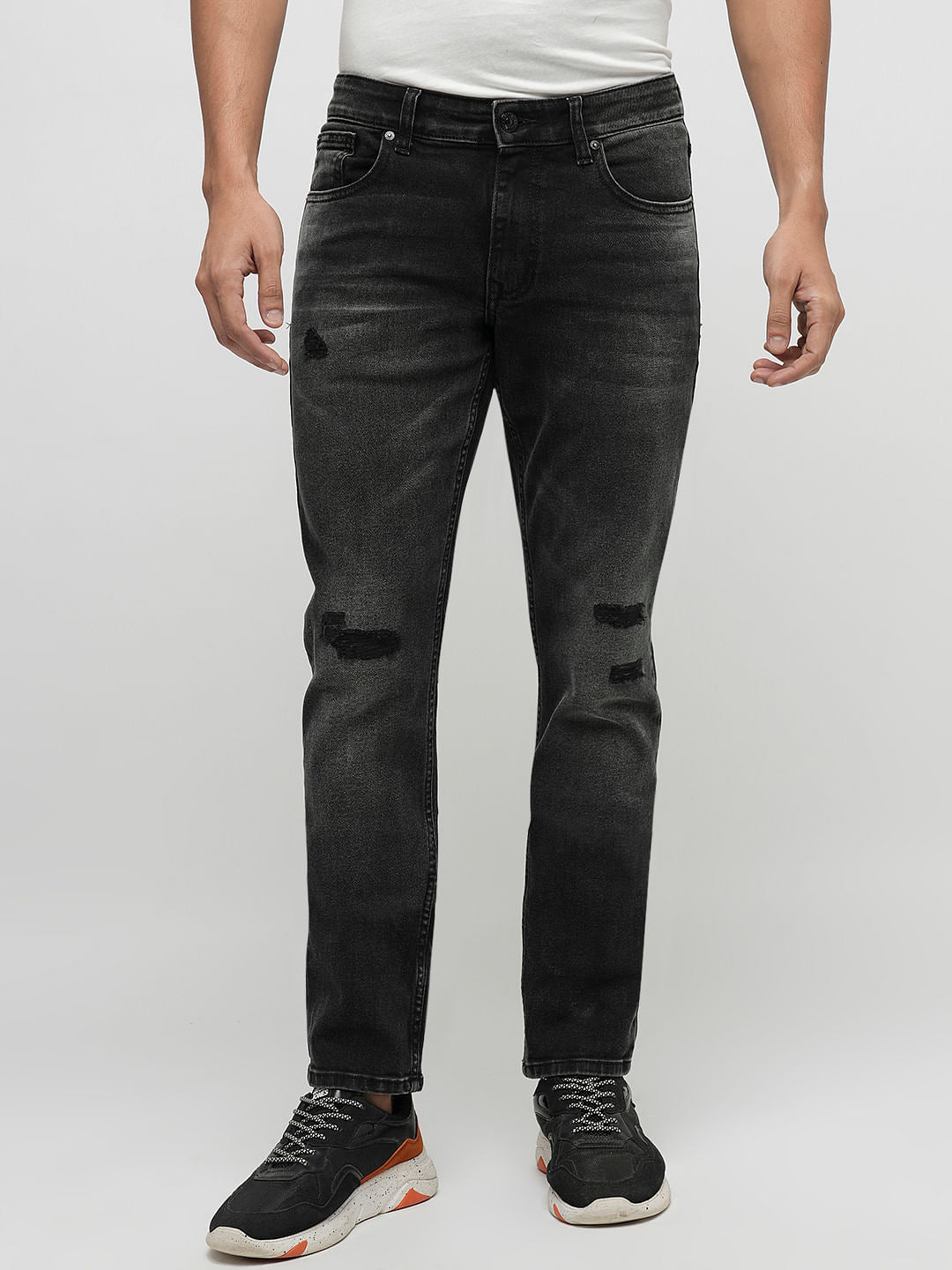 PRODUKT by JACK&JONES Black Mid Rise Distressed Slim Fit Jeans
