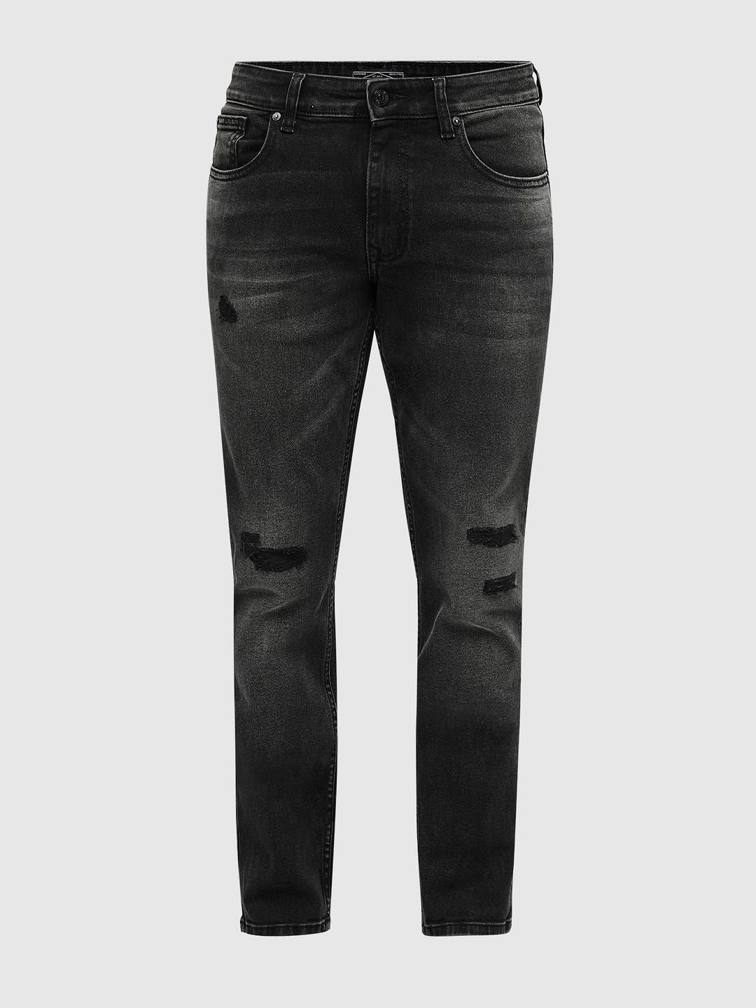 PRODUKT by JACK&JONES Black Mid Rise Distressed Slim Fit Jeans