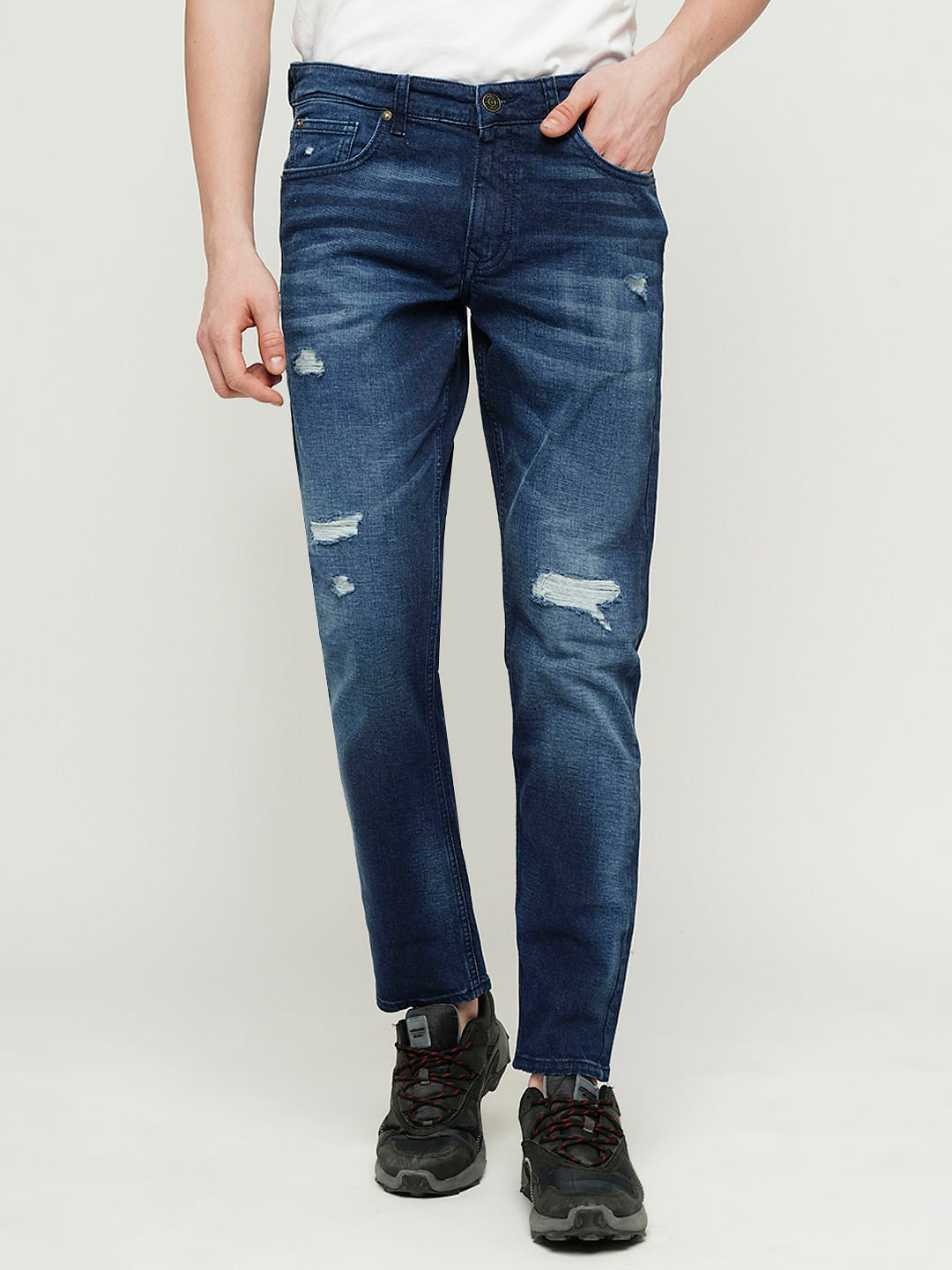 PRODUKT by JACK&JONES Dark Blue Mid Rise Distressed Slim Fit Jeans
