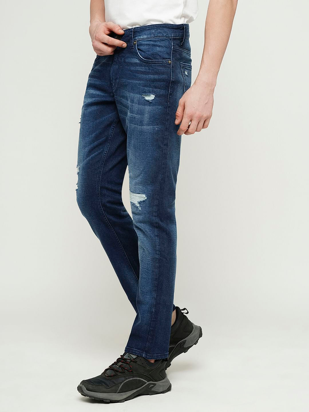 PRODUKT by JACK&JONES Dark Blue Mid Rise Distressed Slim Fit Jeans