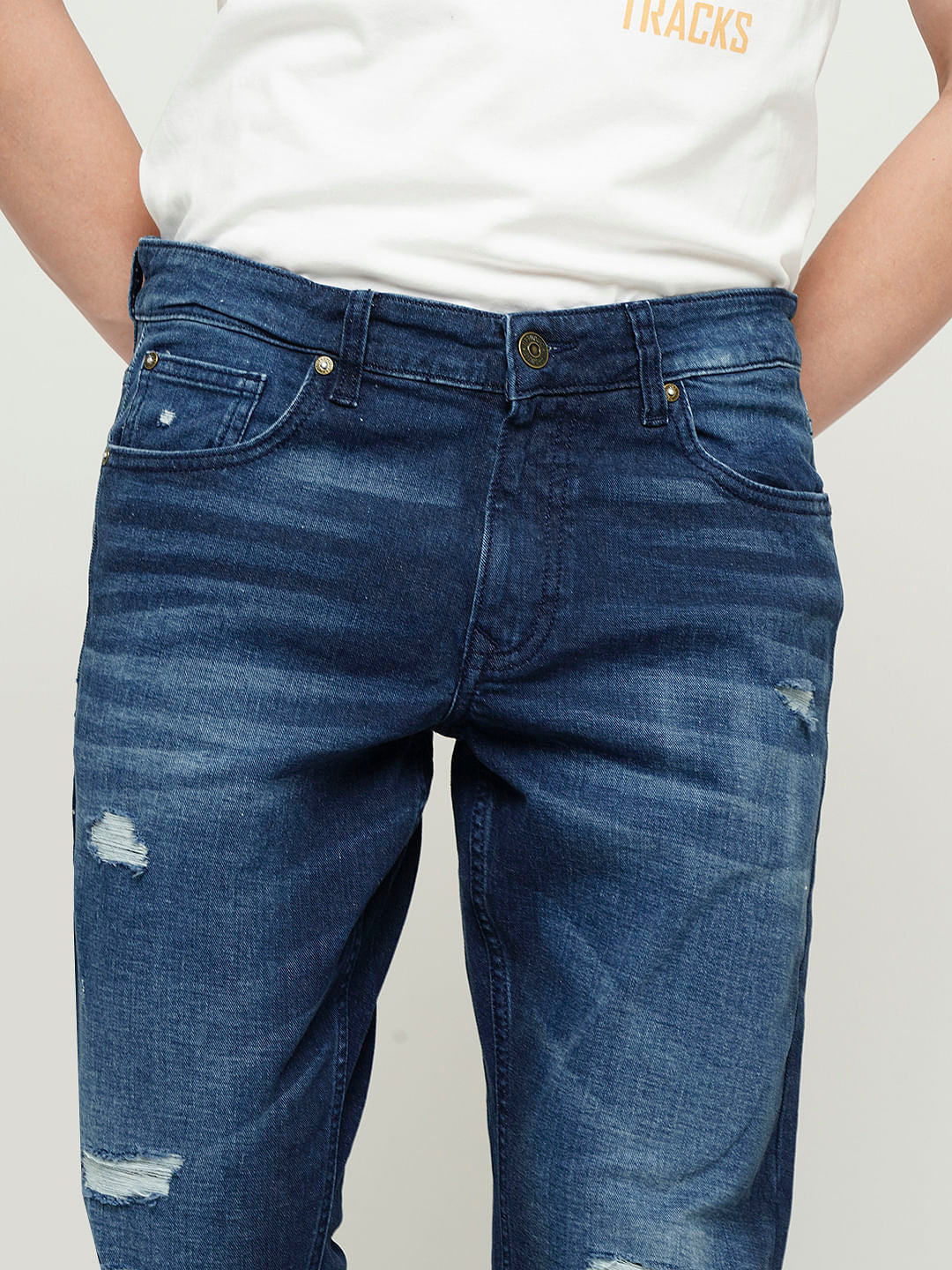 PRODUKT by JACK&JONES Dark Blue Mid Rise Distressed Slim Fit Jeans