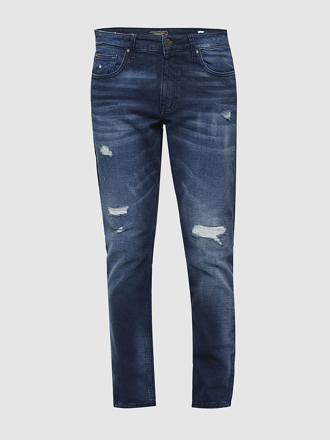 PRODUKT by JACK&JONES Dark Blue Mid Rise Distressed Slim Fit Jeans