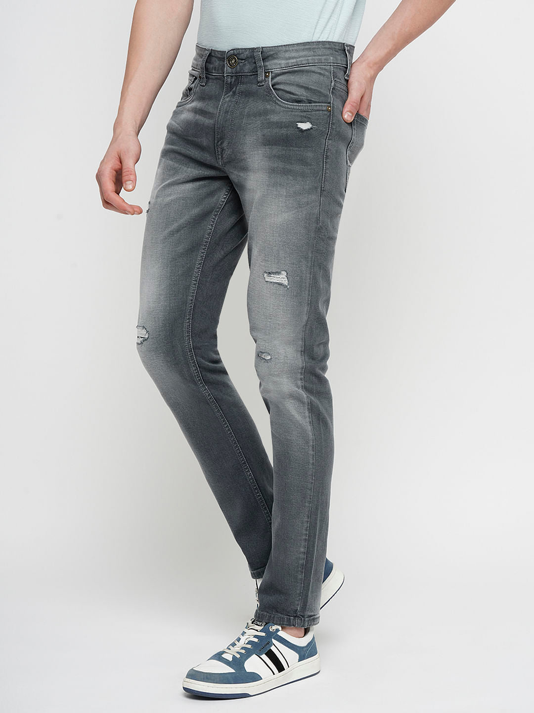 PRODUKT by JACK&JONES Light Grey Mid Rise Distressed Slim Fit Jeans
