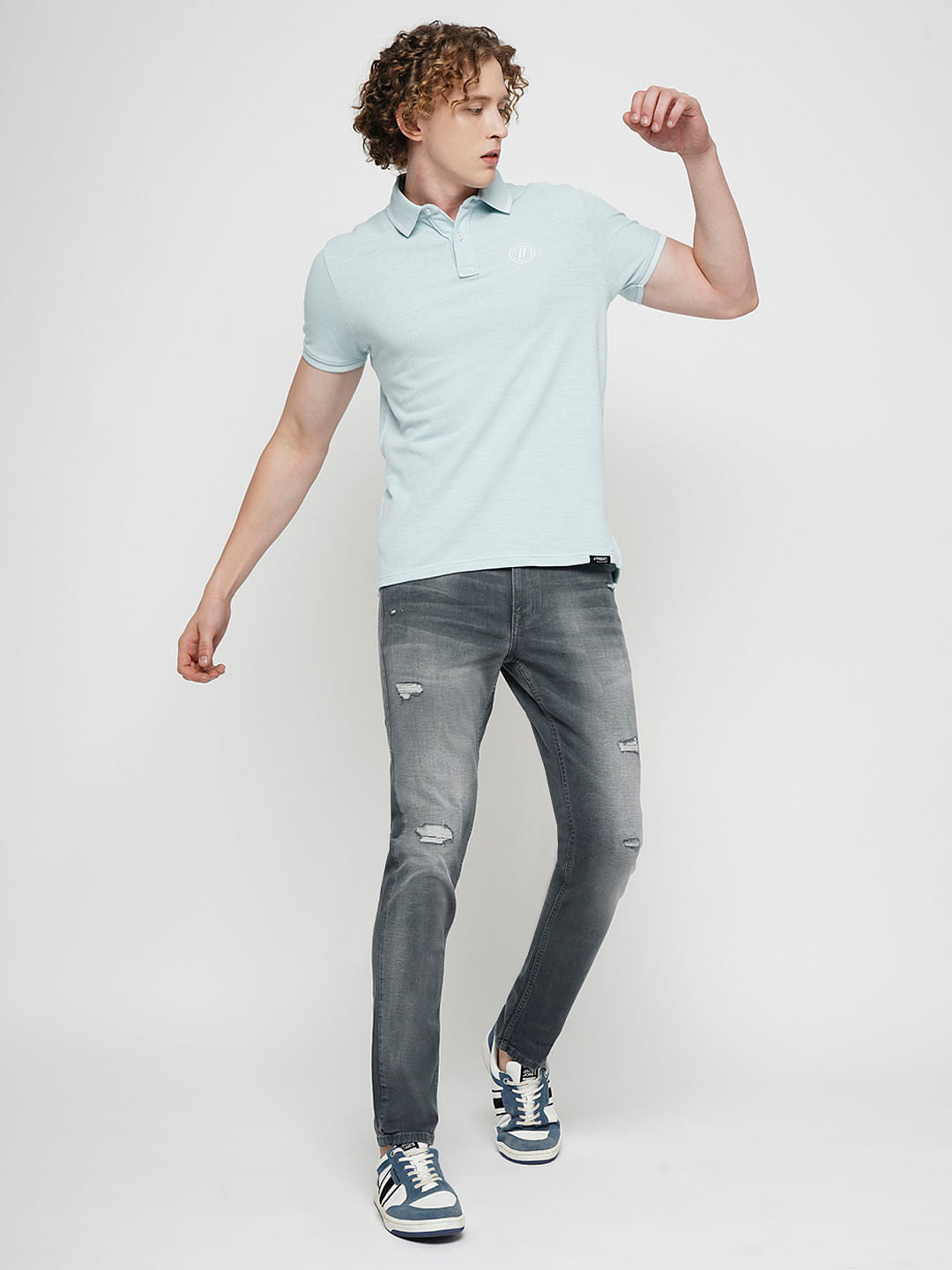 PRODUKT by JACK&JONES Light Grey Mid Rise Distressed Slim Fit Jeans
