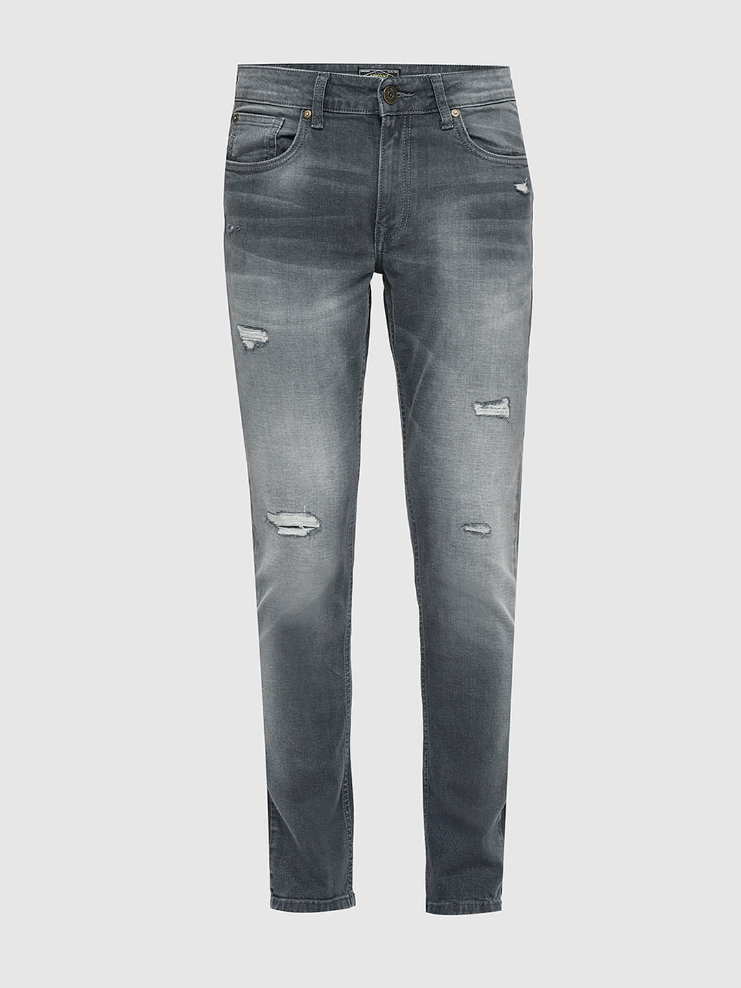 PRODUKT by JACK&JONES Light Grey Mid Rise Distressed Slim Fit Jeans